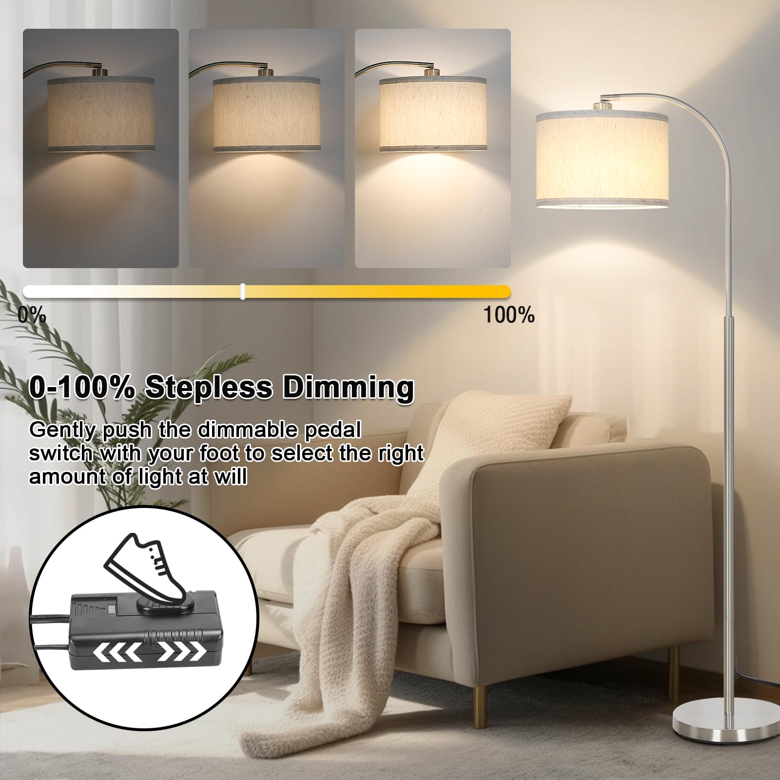 LED Floor Lamp Fully Dimmable Modern Standing Lamp Arc Floor Lamp with Adjustable Drum Shade, Gold Tall Pole Reading Lamp Corner Light for Living Room Bedroom Study Room, Bulb Included