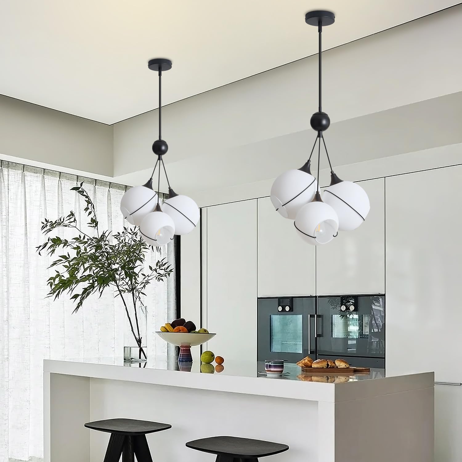 Modern Chandelier, Glass Pendant Lights Kitchen Island, Kitchen Pendant Lighting Over Island, Mid Century Matte Black Chandelier with Milk White Glass Globe Shades