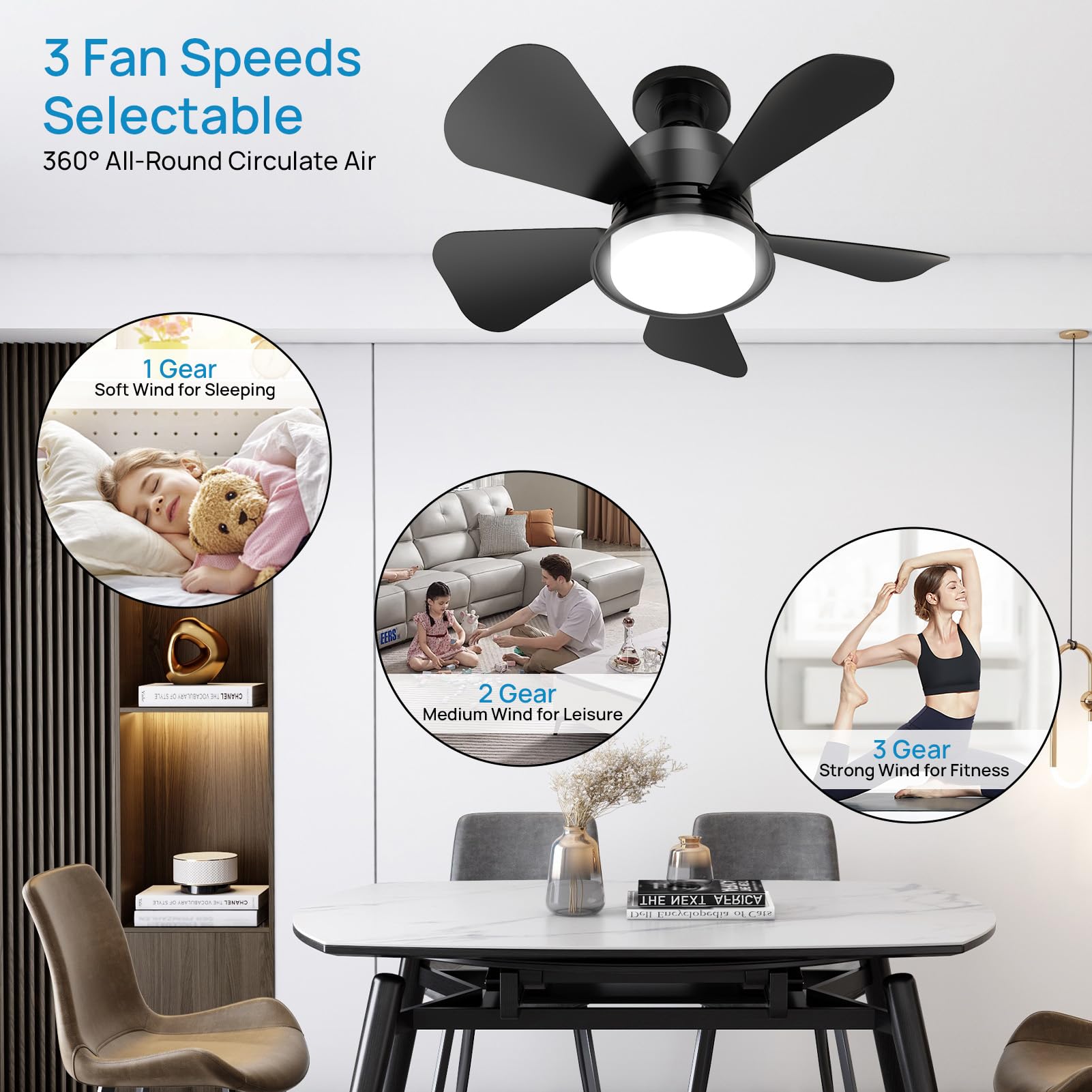 Ceiling Fans with Lights, Socket Fan Light with Remote, 3 Colors 5 Brightness Dimmable LED Ceiling Fan with Lights, 3 Wind Speeds Quiet Ceiling Fan for Bedroom Living Room Kitchen Home Indoor