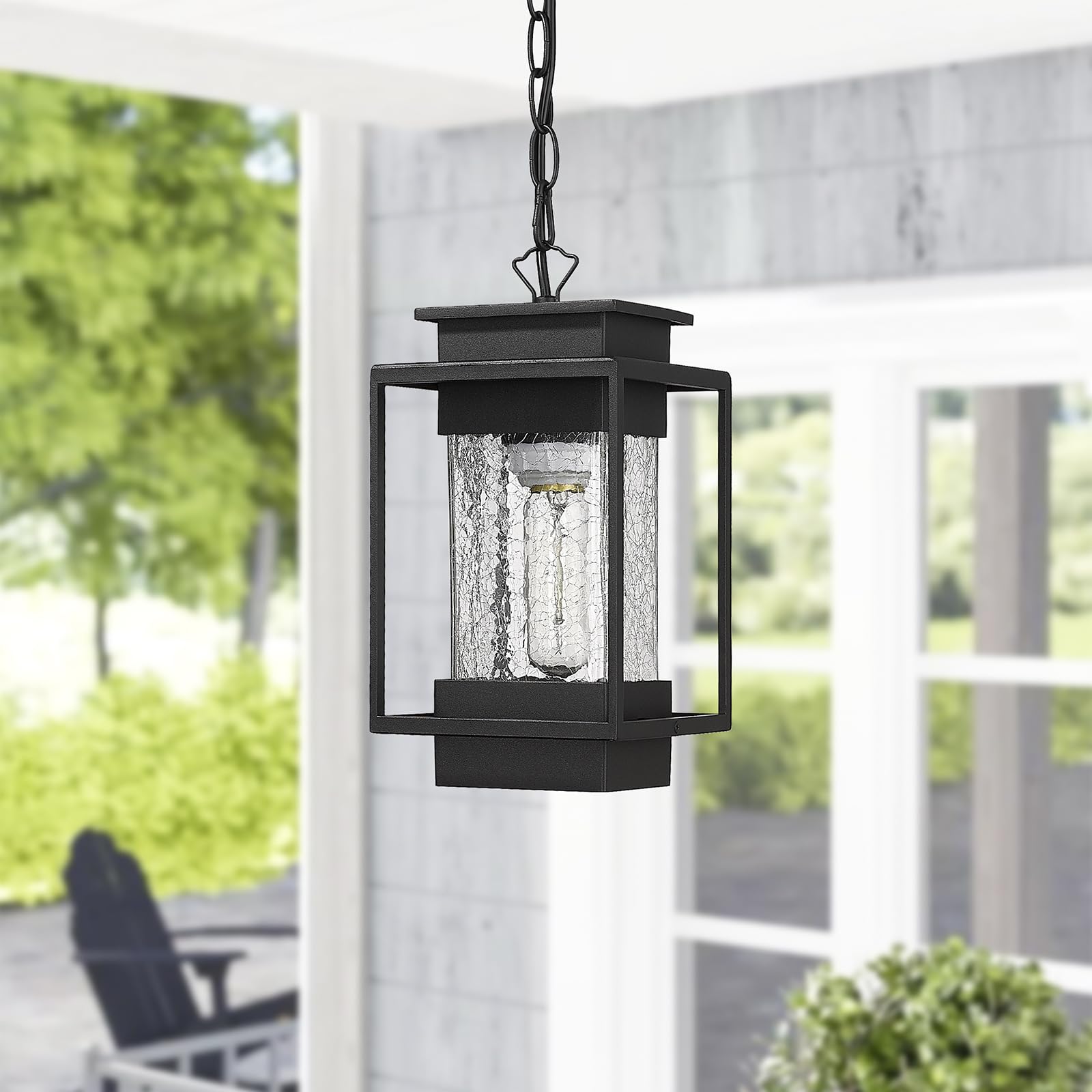 Outdoor Indoor Pendant Light Exterior Hanging Lantern, 11.4" Modern Outside Ceiling Chandelier for Front Porch Entrance Foyer Entryway, Aluminum, Crack Glass, G6001/1H-SBK