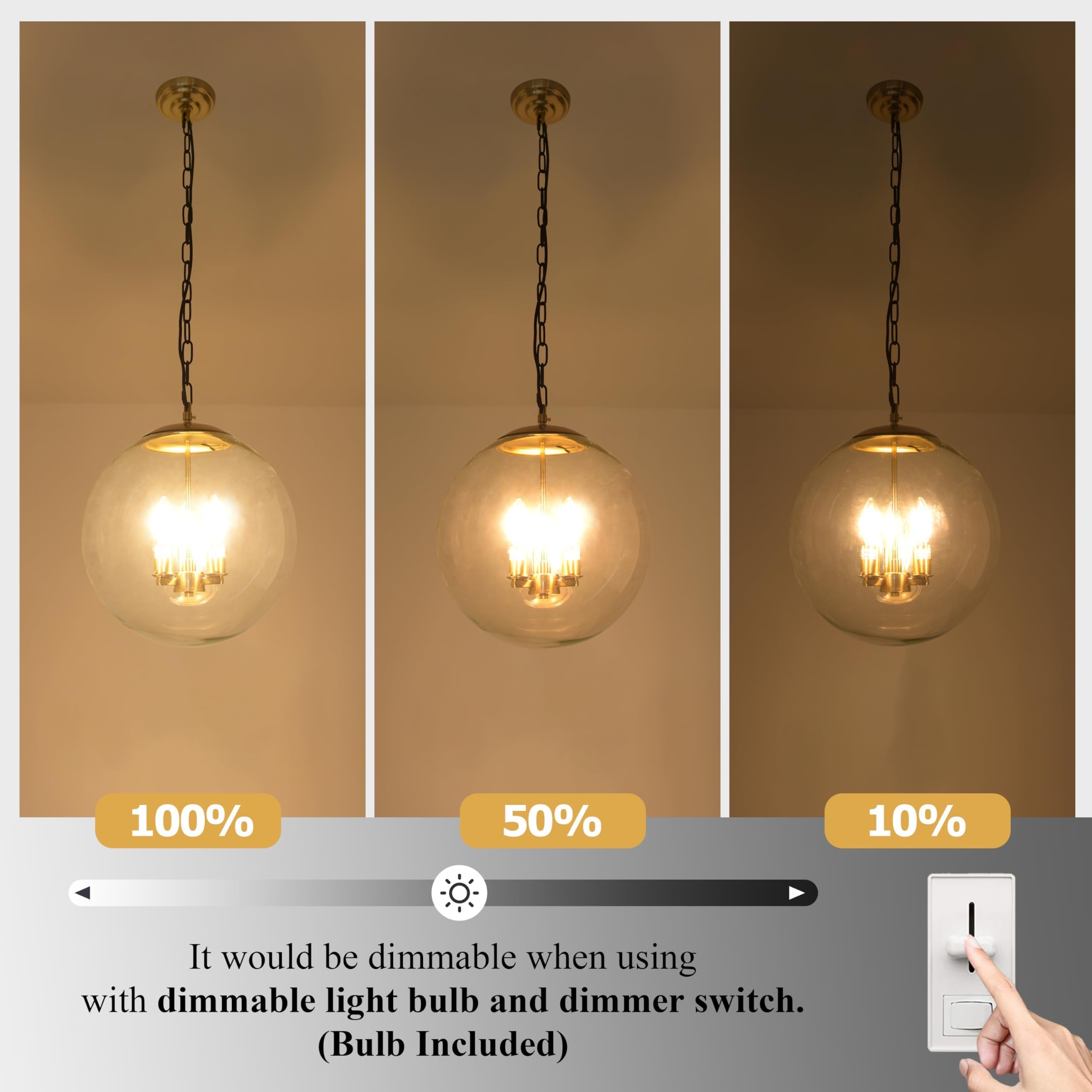 6-inch Mini Modern Globe Pendant Light Clear Glass with Brass Finish Contemporary Mid Century Adjustable Hanging Light Fixture for Living Room Bedroom Kitchen