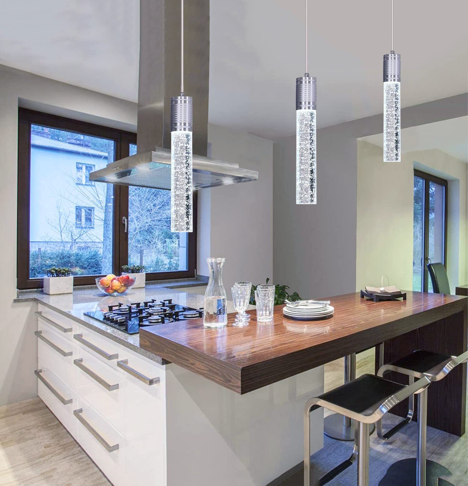 3 Lights Independent Kitchen Island Dining Room Light Pendant Light Fixtures Bubble Crystal Chandeliers Modern Kitchen Island Lighting Chandeliers Fixtures LED Lampara, 6000K LED Bulbs Included