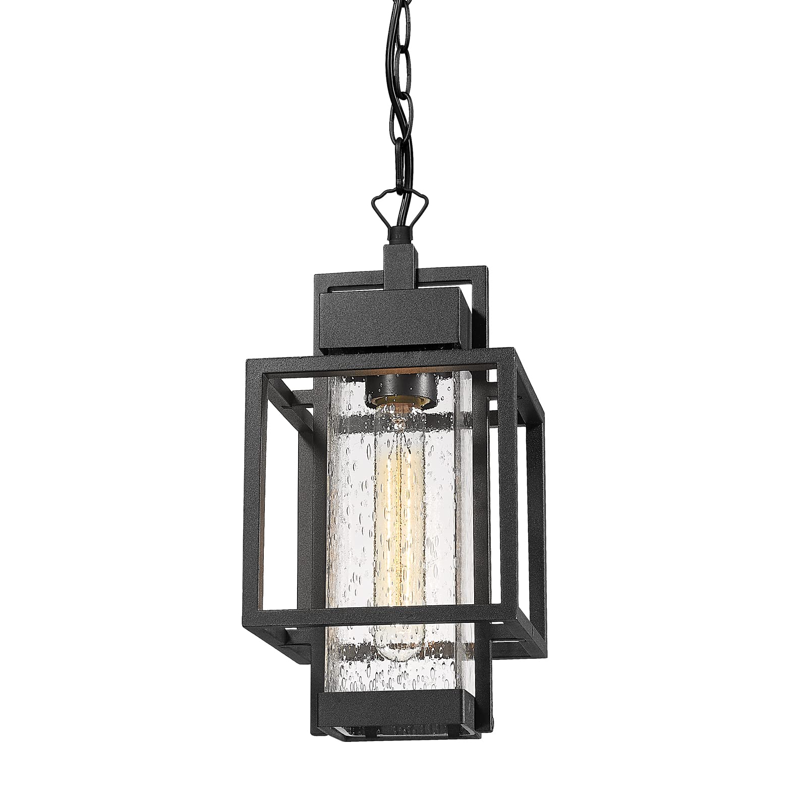 Outdoor Indoor Pendant Light Exterior Hanging Lantern, 11.4" Modern Outside Ceiling Chandelier for Front Porch Entrance Foyer Entryway, Aluminum, Crack Glass, G6001/1H-SBK