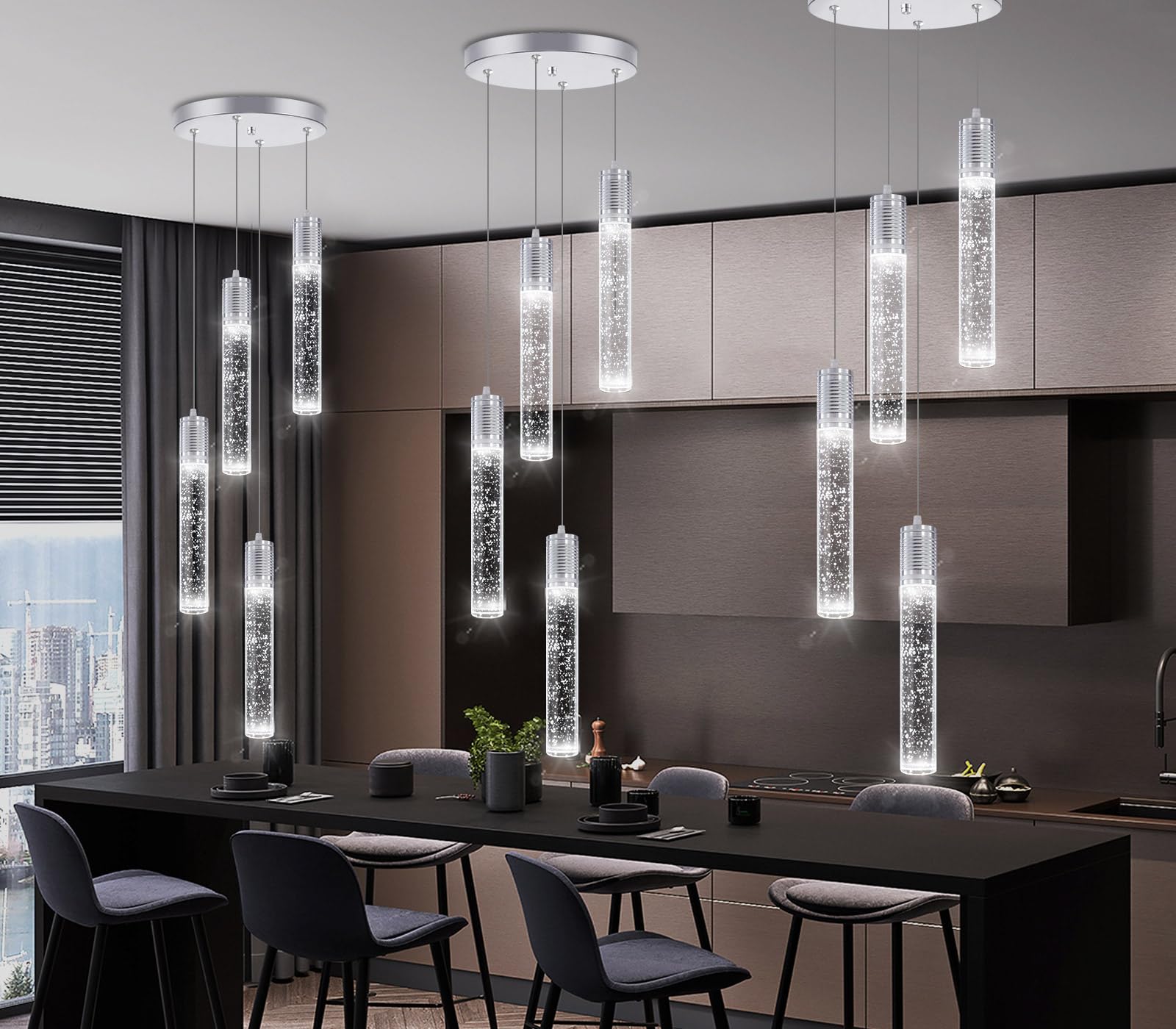 3 Lights Independent Kitchen Island Dining Room Light Pendant Light Fixtures Bubble Crystal Chandeliers Modern Kitchen Island Lighting Chandeliers Fixtures LED Lampara, 6000K LED Bulbs Included