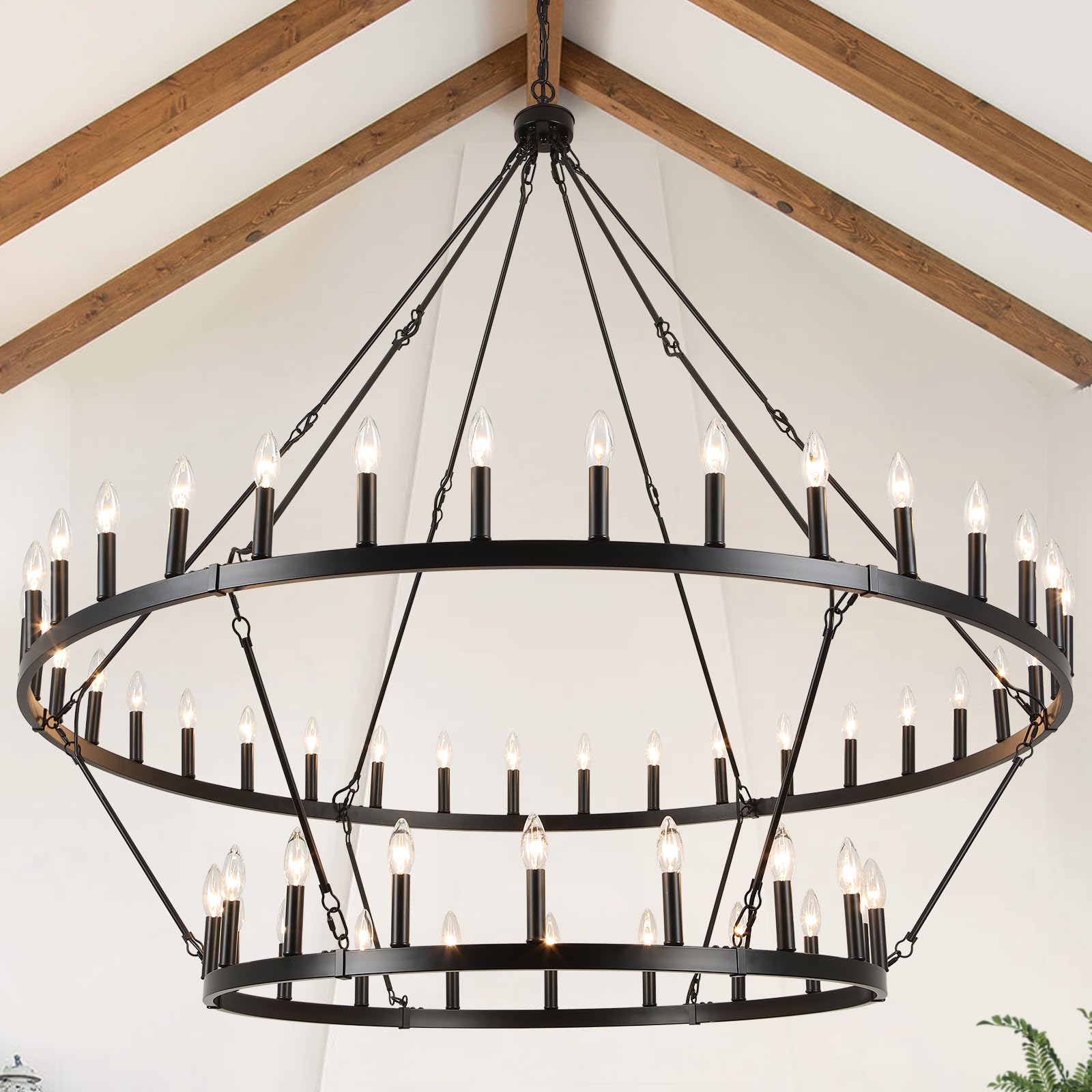 White Wagon Wheel Chandelier 38 Inch, 12-Light Farmhouse Wagon Wheel Chandeliers for Dining Room Light Fixture Round Large White Chandeliers for High Ceilings Living Room Kitchen Entryway