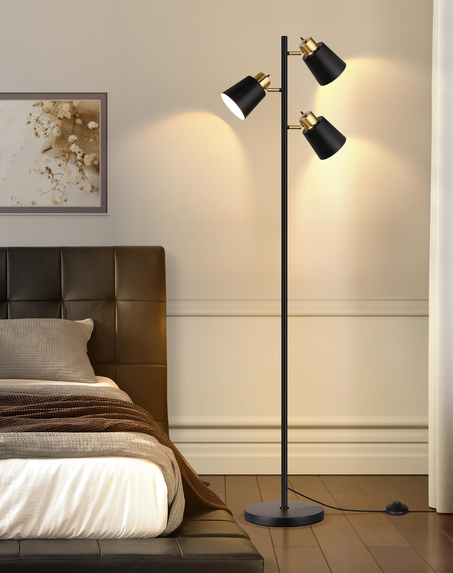 Tree Floor Lamp with 3 Light Bulbs, Standing Tall Pole Lamps for Living Room Bedroom Office, Reading Stand up Lamps with 3 Adjustable Arms, Brushed Gold