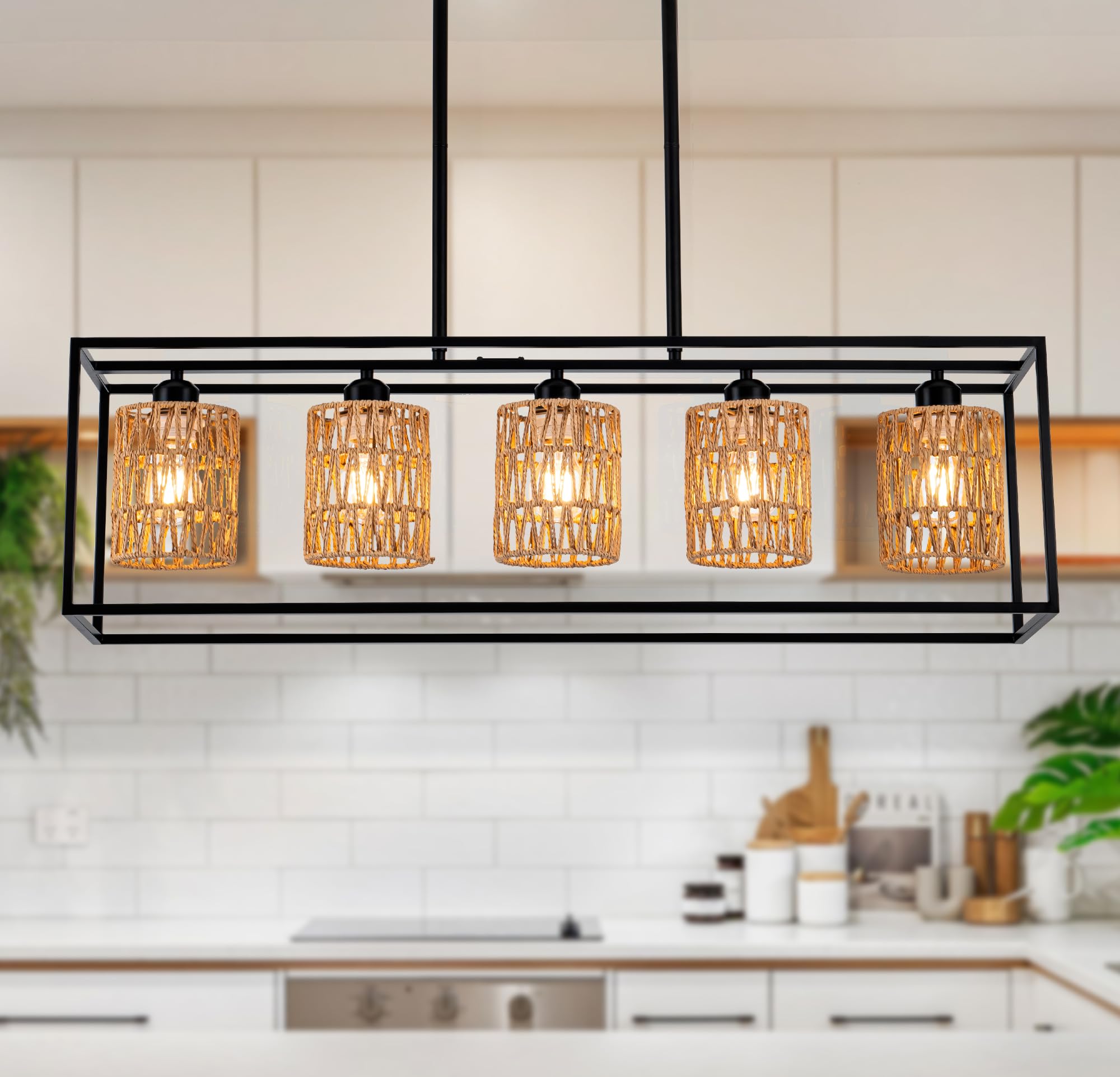 Rattan Kitchen Island Light Fixture, 5 Lights Boho Rectangle Pendant Lights for Dining Room, Farmhouse Chandeliers Over Table, Modern Ceiling Hanging Kitchen Light Fixtures, Height Adjustable