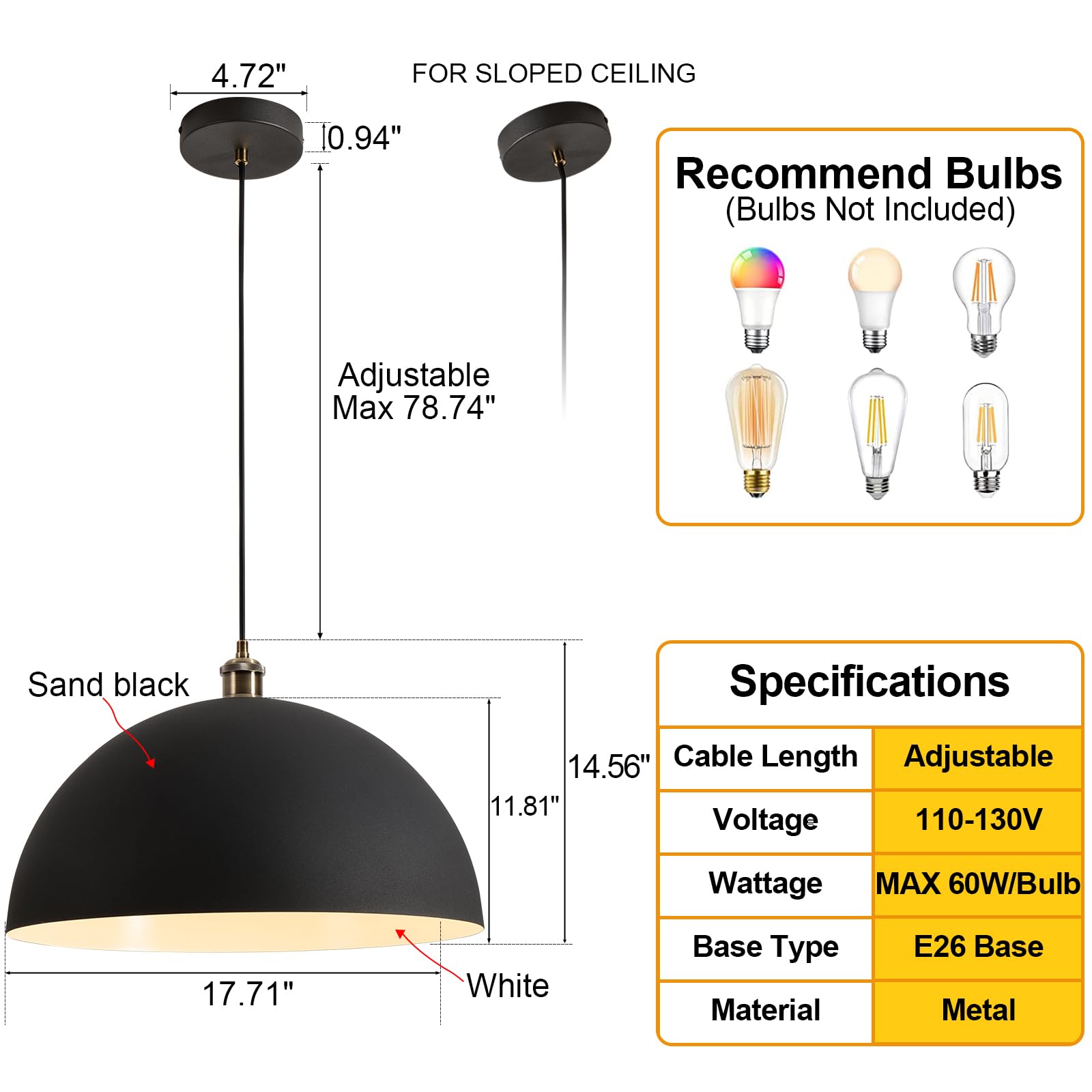 Modern Pendant Light,Farmhouse pendant light 17.72 "Farmhouse pendant light Industrial Large Dome Chandelier White and gold finish lighting fixture line length 78.74" Kitchen island, bedroom