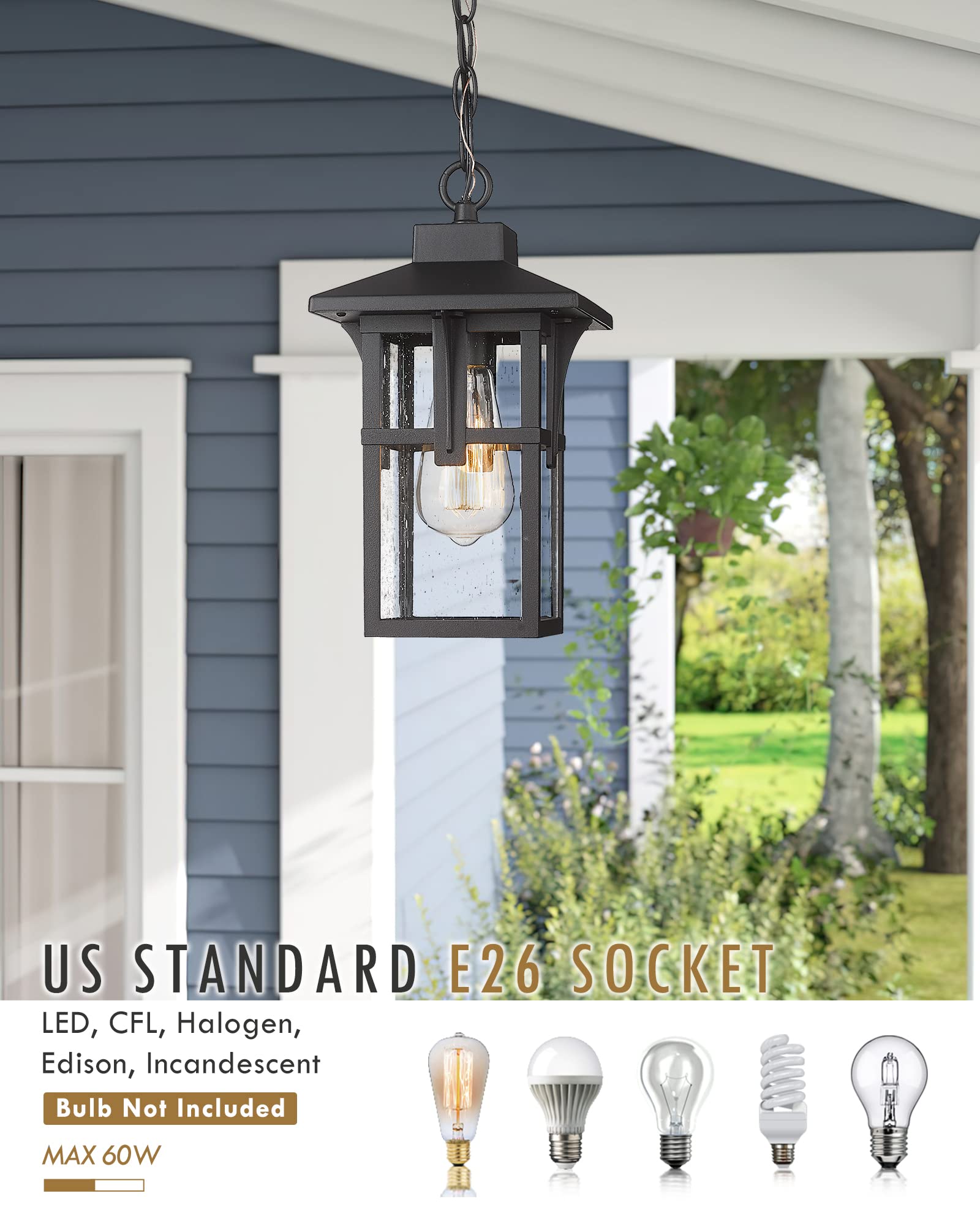 Outdoor Pendant Lights for Porch, HWH Exterior Hanging Porch Light, Farmhouse Outdoor Pendant Lighting with Height Adjustable Chain, Seeded Glass Shade, Matte Black Finish with Gold Edge, 5HX62H BG