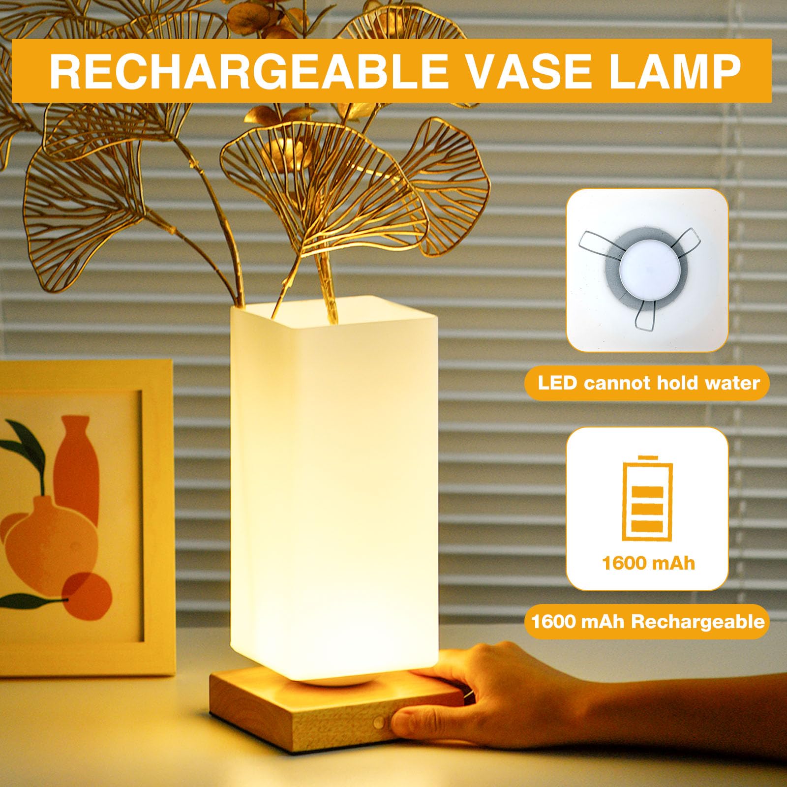 Vase Lamp Table Lamp USB Charge Flower Lamp Vase Table Lamp Dimmable Bedside Lamp Frosted Glass Shade with Wood Base for Bedroom Living Room Office Desk