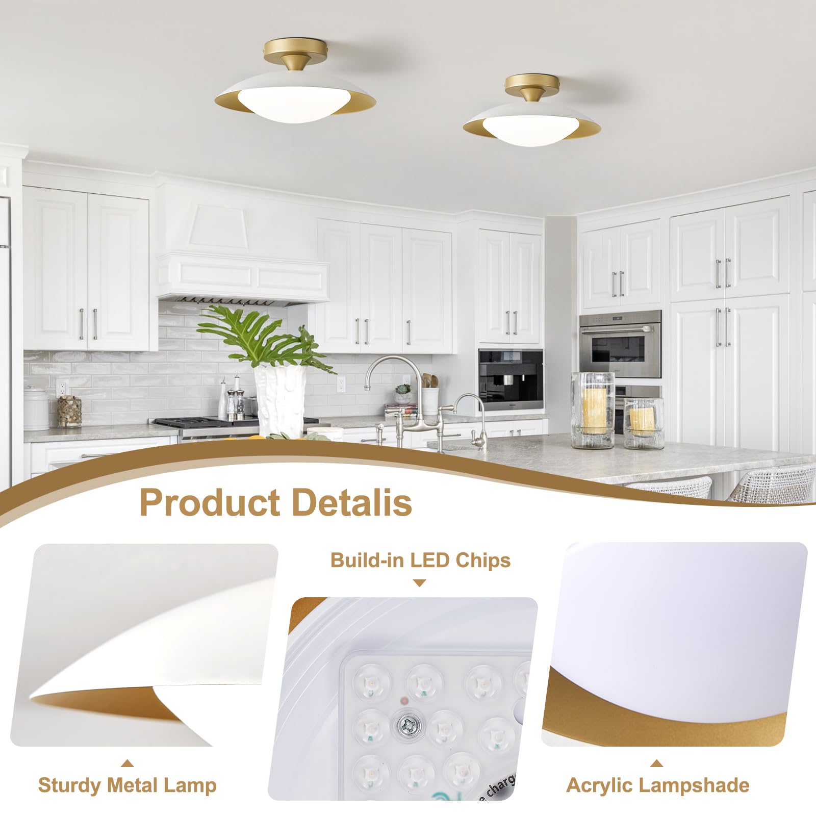 Dimmable Flush Mount Ceiling Light, Modern White and Gold Semi Ceiling Light, LED 5CCT 2700 K - 6000 K Lighting Fixture Ceiling Lamp for Hallway Bedroom Bathroom Kitchen