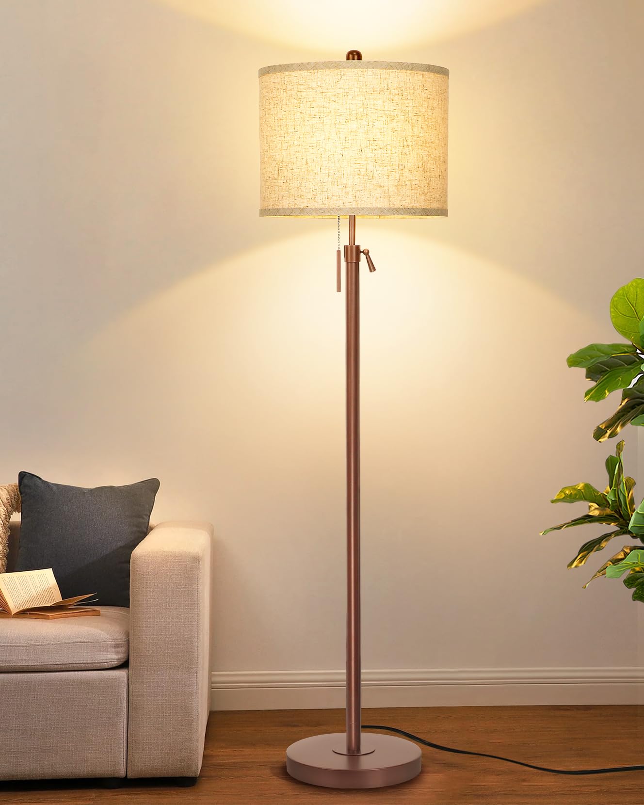 Floor Lamp for Living Room Adjustable Tall Standing Lamp, 3-Way Dimmable Floor Lamp for Bedroom Office, Black Gold Lamp with Marble Base and White Linen Shade, 6W 3000K LED Blub Included