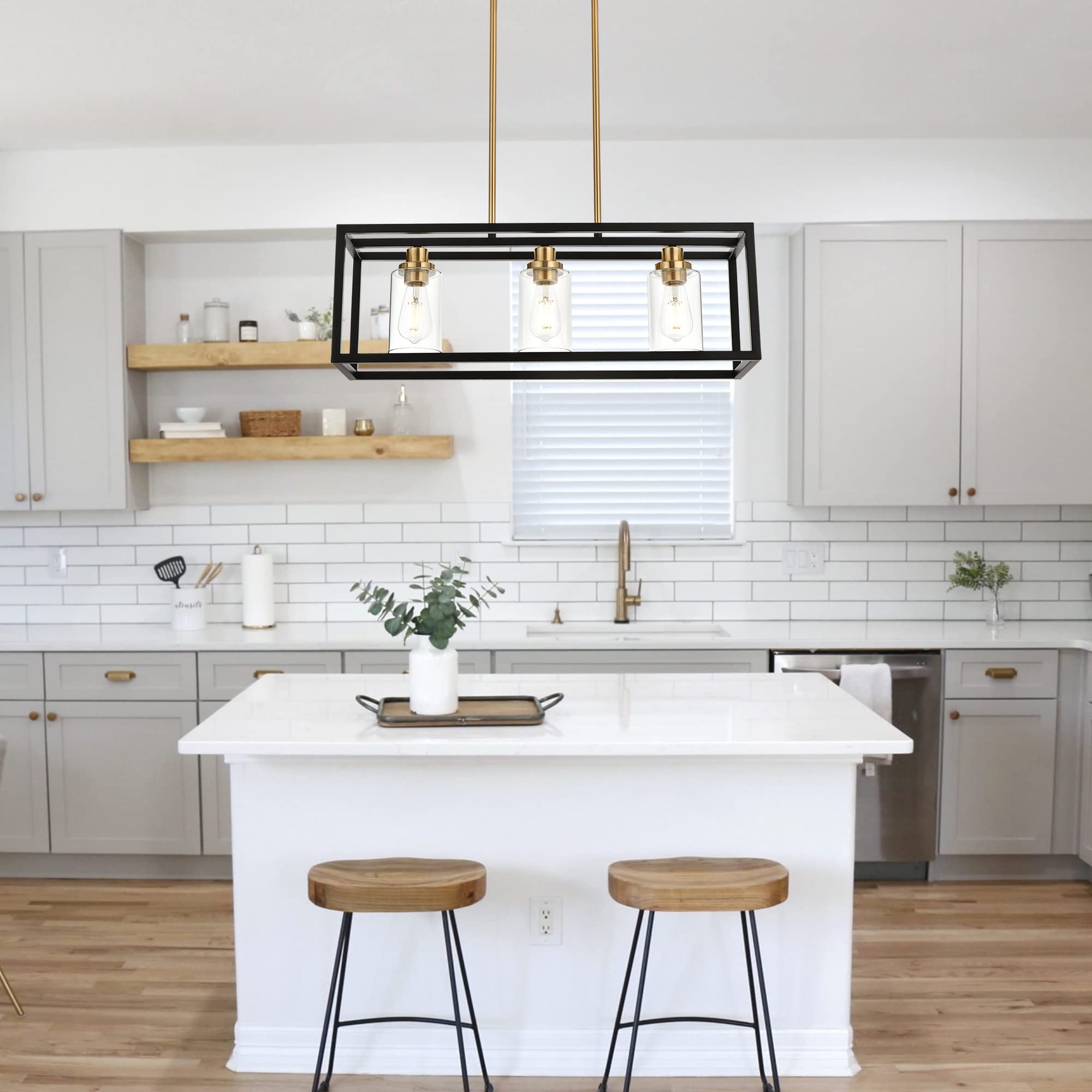 MELUCEE Black Chandeliers Rectangle 5 Lights Dining Room Lighting Fixtures Hanging Over Table, Kitchen Island Lighting Linear Pendant Light Ceiling with Clear Glass Shade and Brushed Brass Socket