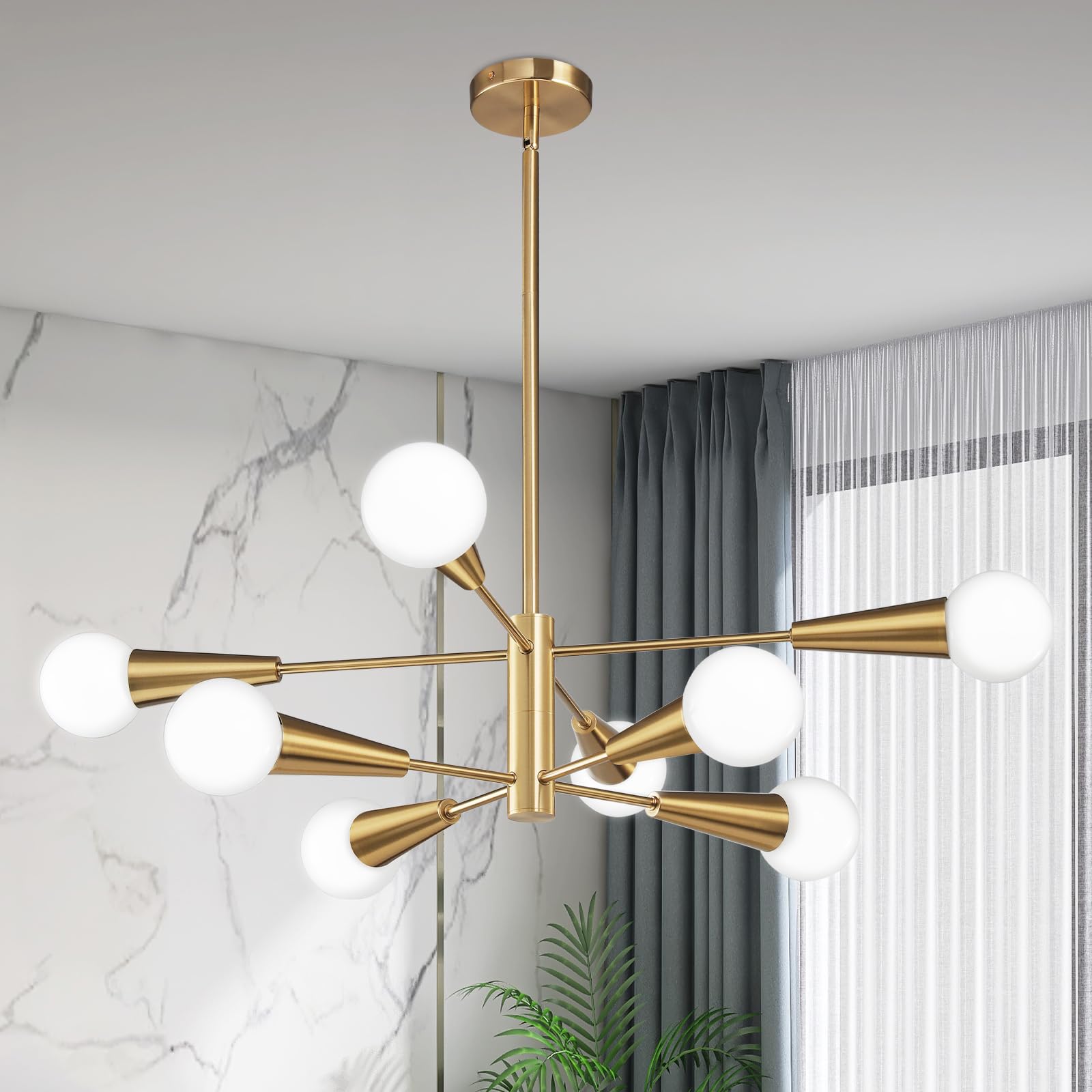 Sputnik Chandelier Modern Gold Chandelier 6-Light E26 Mid Century Ceiling Light Fixture Height Adjustable Hanging Pendant Lighting for Dining Room Kitchen Island Bedroom Office