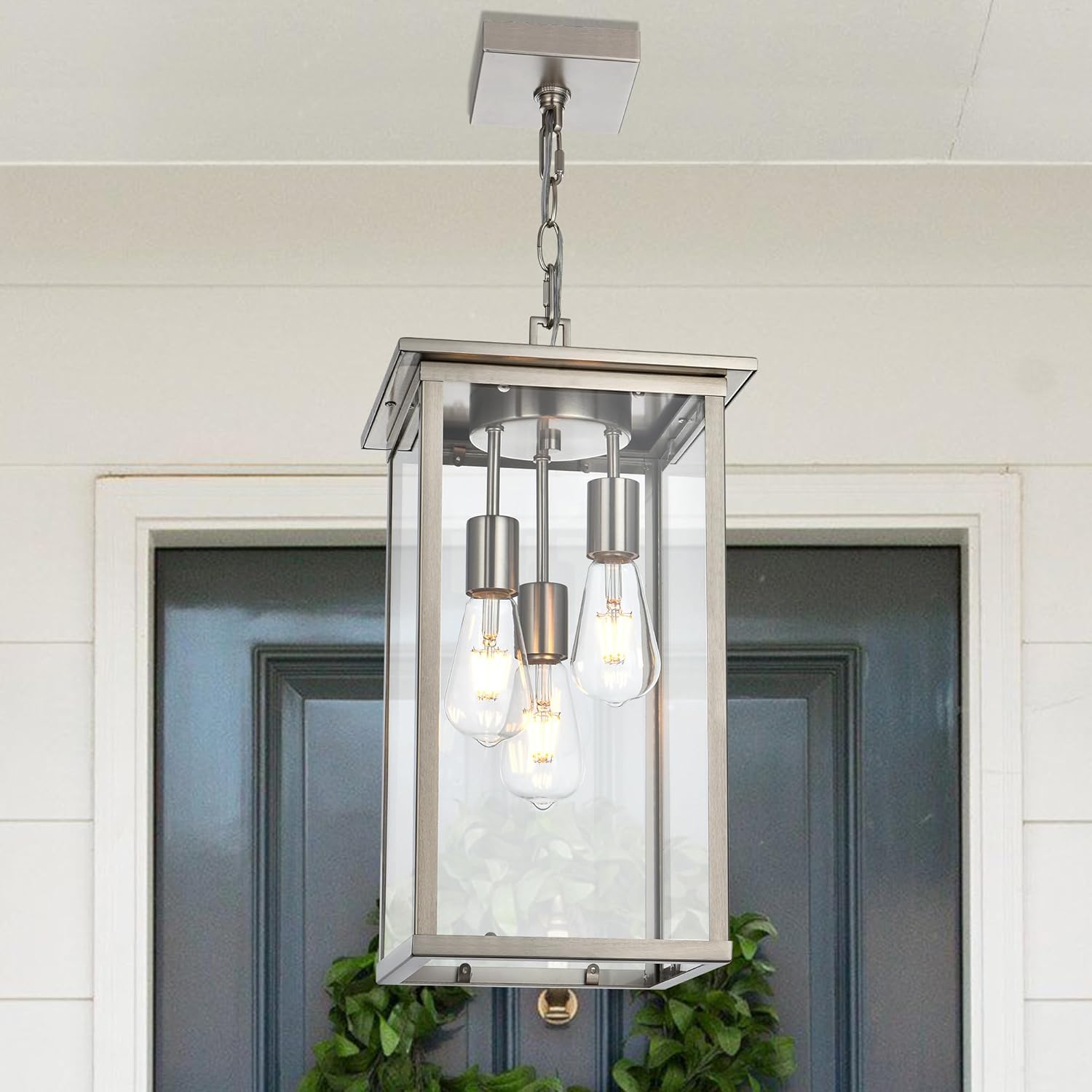 Lagre Outdoor Pendant Light Fixtures, Brushed Nickel Exterior Porch Hanging Lighting with Adjustable Chain, Clear Glass Panel Ceiling Lantern for Front Door Foyer Entryway, E26 Bulb Base