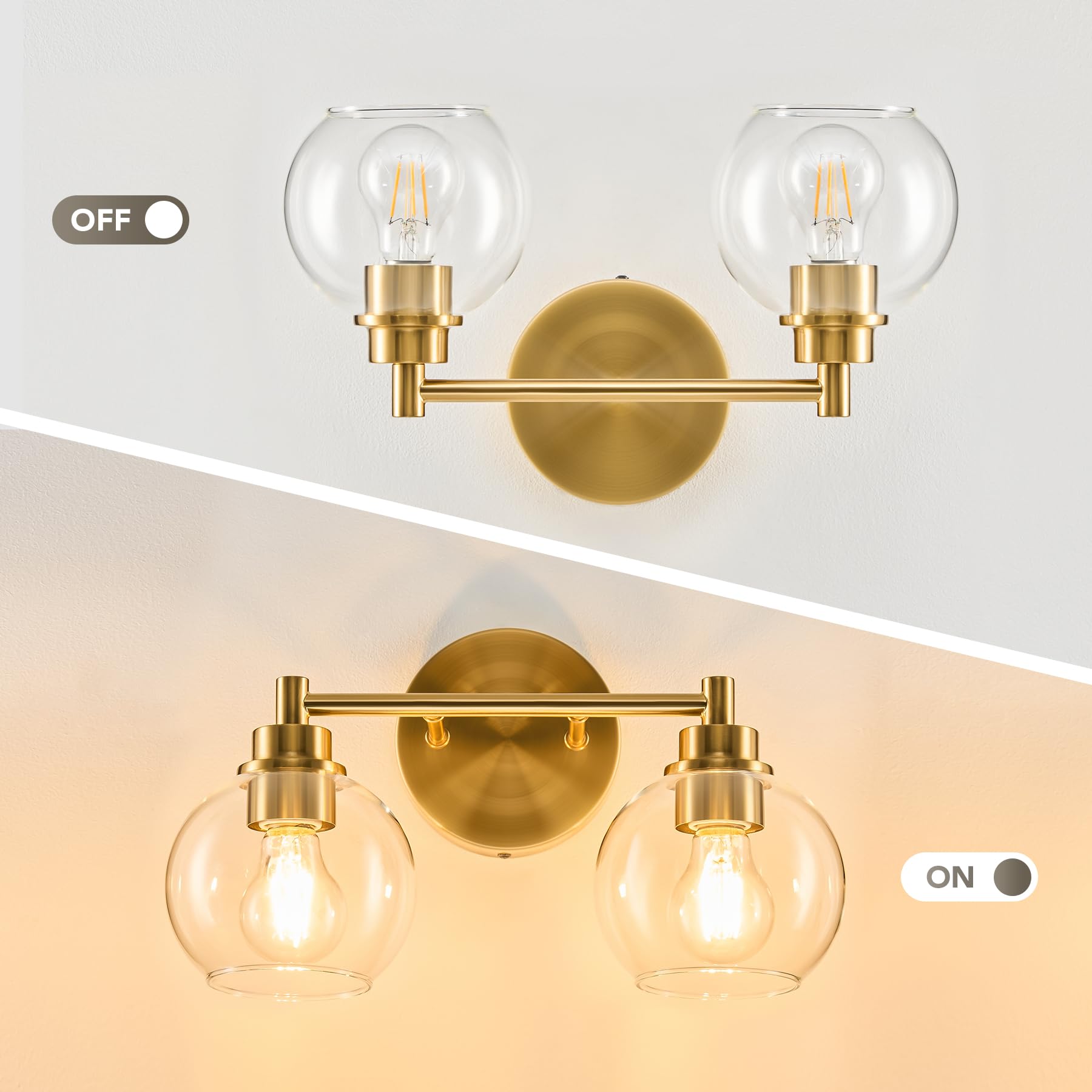 Bathroom Light Fixtures, 2-Light Bathroom Vanity Light with Globe Glass Shades E26 Sockets, Bathroom Lights Over Mirror for Bedroom Hallway Living Room, Gold Finish