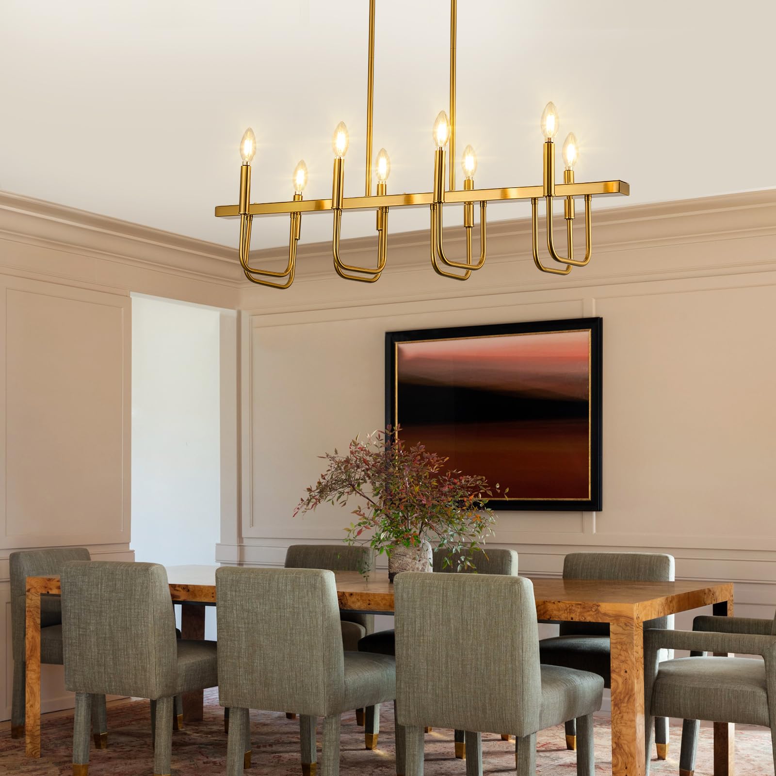 Rectangular Dining Room Light Fixtures Over Table, Linear Chandeliers for Dining Room, 8 Light Brushed Gold Chandelier Modern, Island Lights for Kitchen