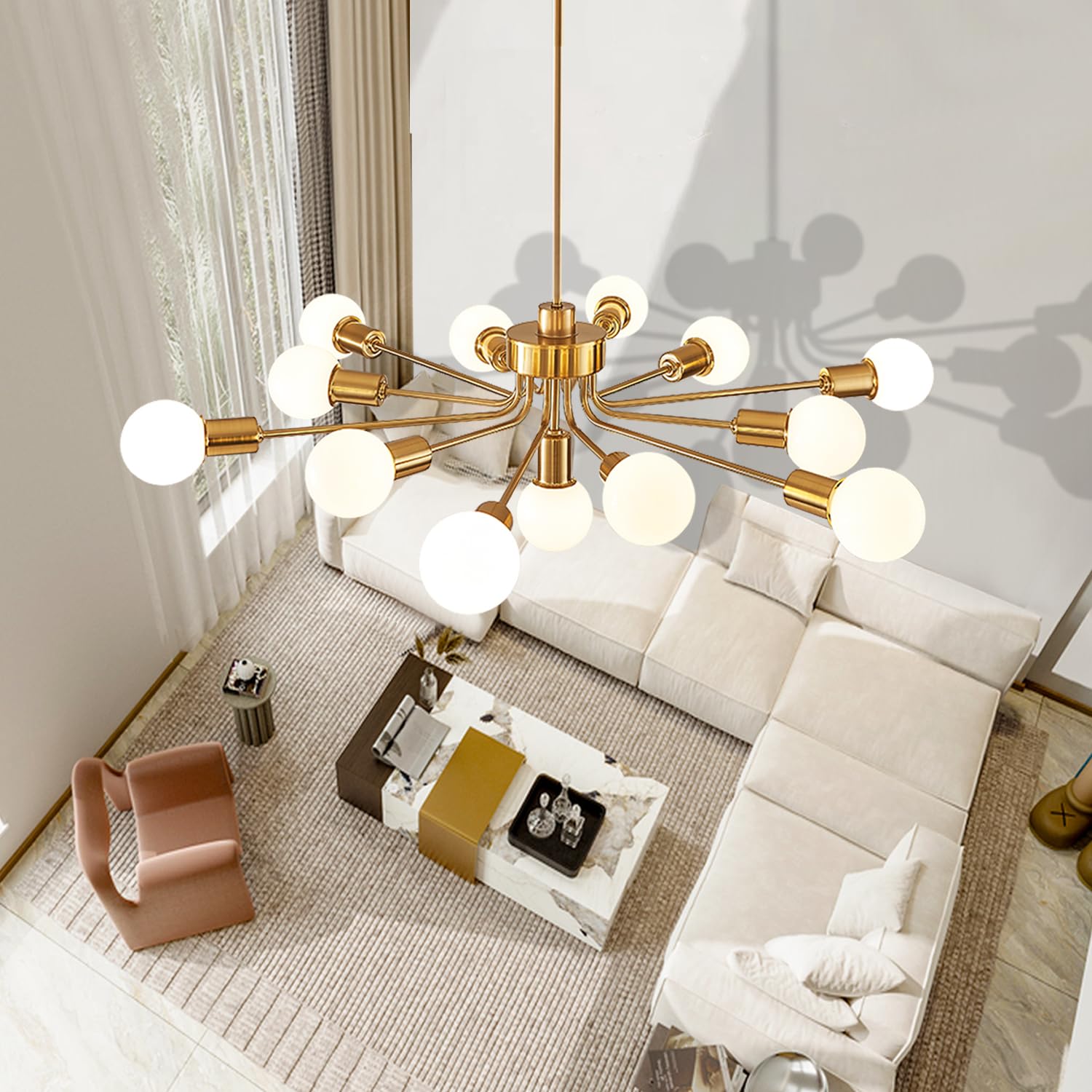 13 Lights Gold Chandelier，Sputnik chandelie，mid Century Chandeliers，Dining Room high Ceiling Chandelier，Living Room Bedroom Large Chandeliers for high Ceilings Island Chandelier Light