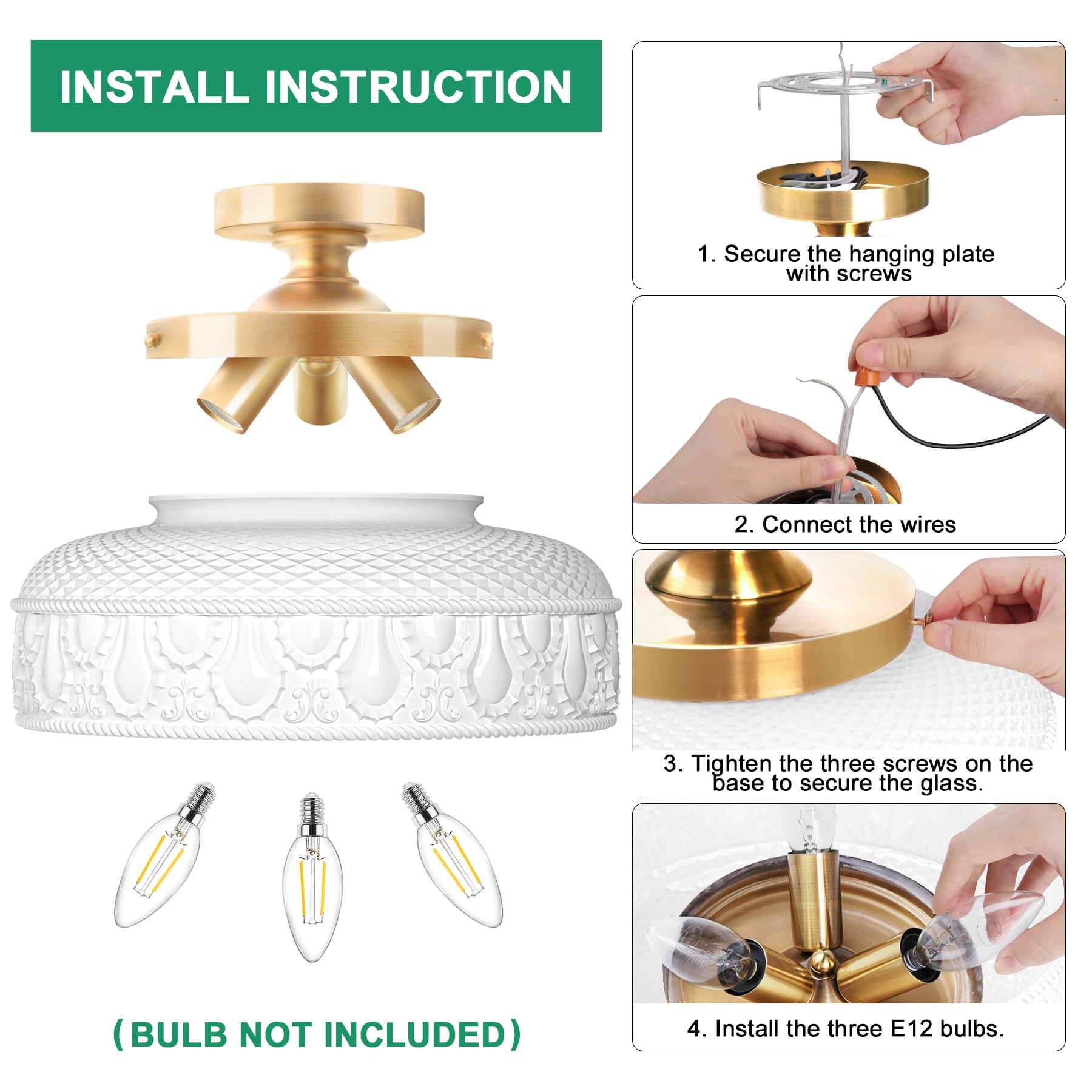 Semi Flush Mount Ceiling Light, Upgraded Larger Golden Hallway Light Fixture, 3-Bulb Globe Glass Close to Ceiling Light,Indoor Hanging Light for Bedroom Kitchen Porch Hallway,Bulbs Not Included