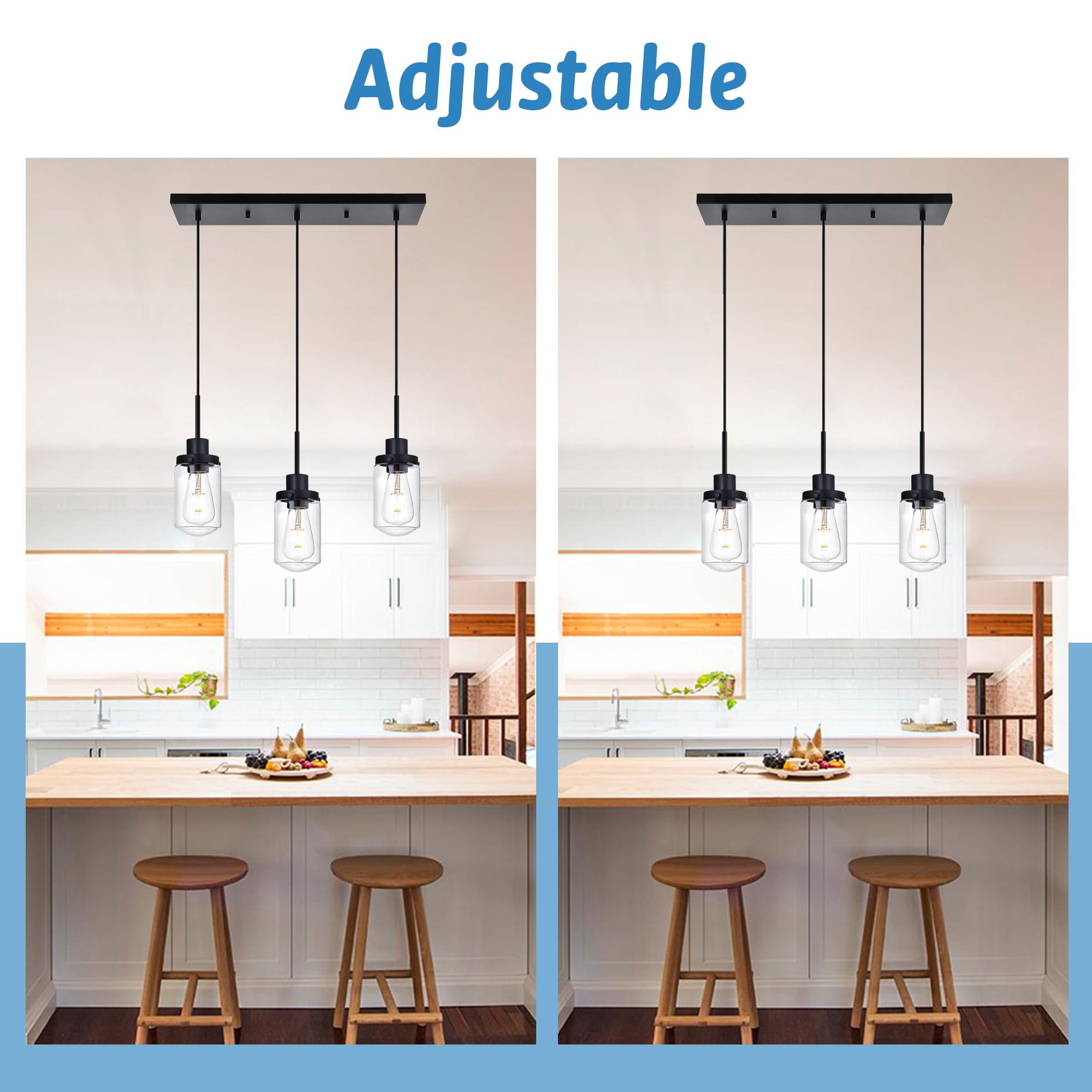 3-Light Linear Hanging Pendant Lighting for Kitchen Island, Black Dining Room Light Fixtures Over Table Linear Chandelier with Clear Glass Shade, Adjustable Height