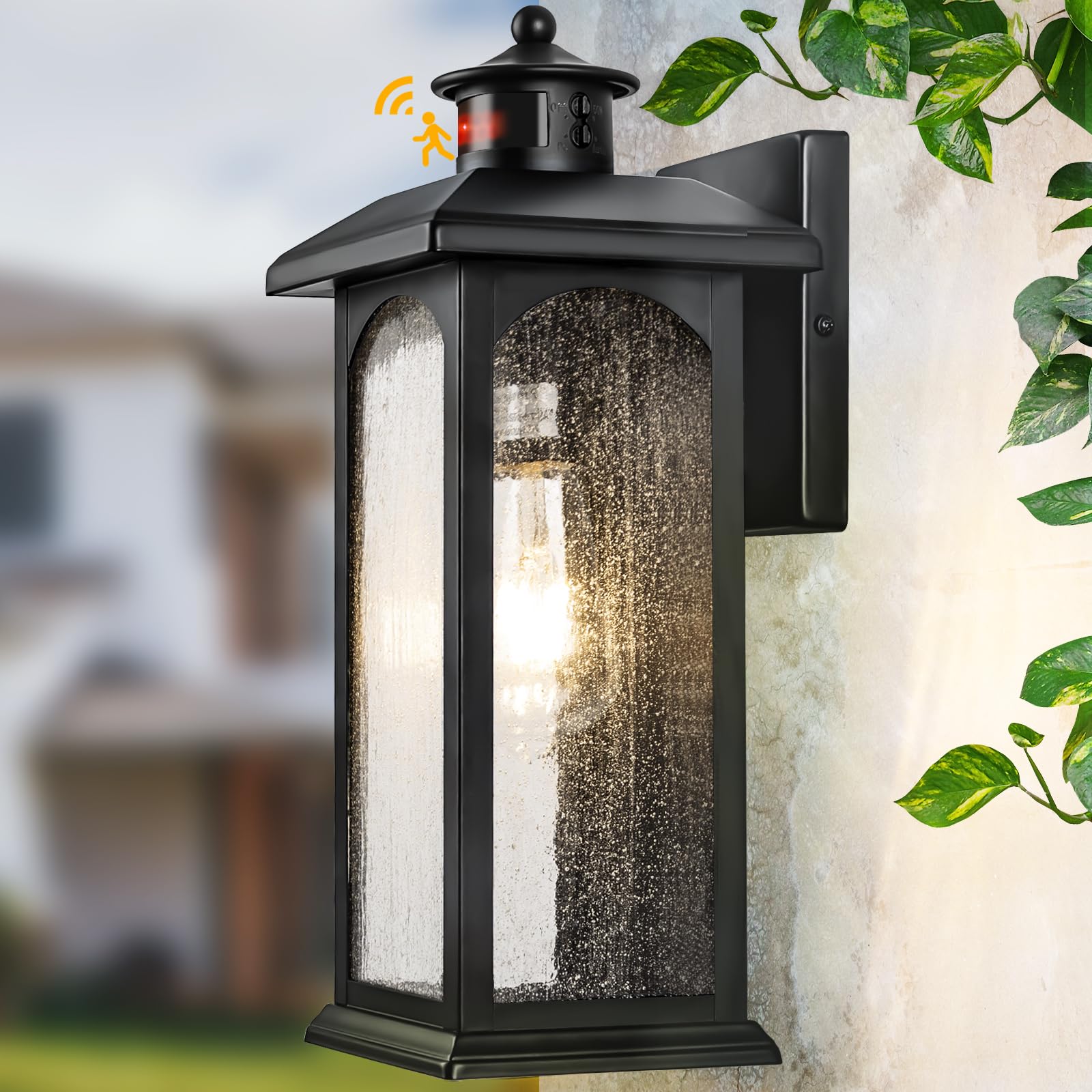 Motion Sensor Outdoor Wall Lights 2 Packs- Updated Dusk to Dawn Outdoor Lighting, Exterior Light Fixtures with E26 Sockets & Tempered Glass, Wall Mounted Black Waterproof Outdoor Lights for House