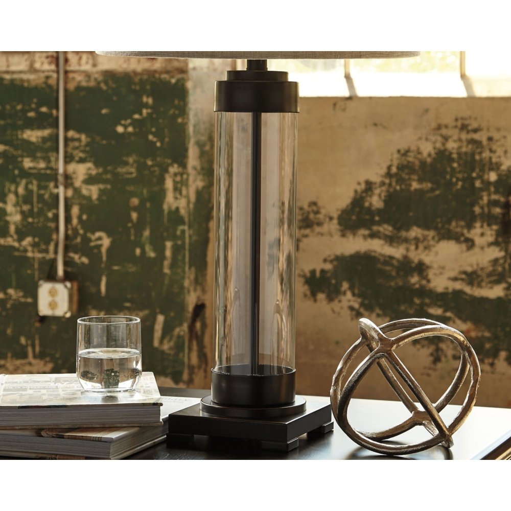 Industrial 30" Glass Table Lamp with Drum Shade, Bronze Finish