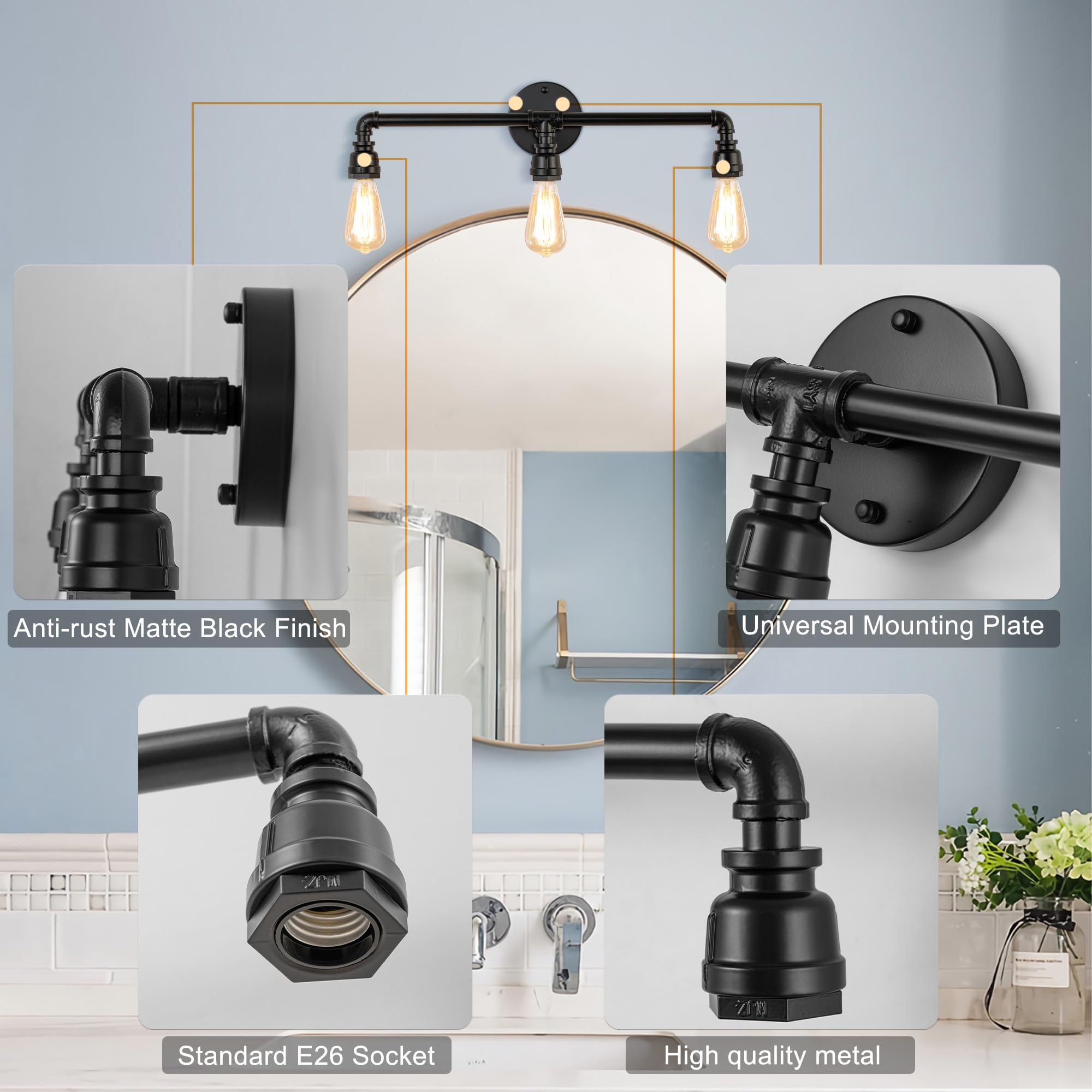 3 Lights Bathroom Vanity Lights, Industrial Black Antique Water Pipe Steampunk Wall Lamp Light Fixtures