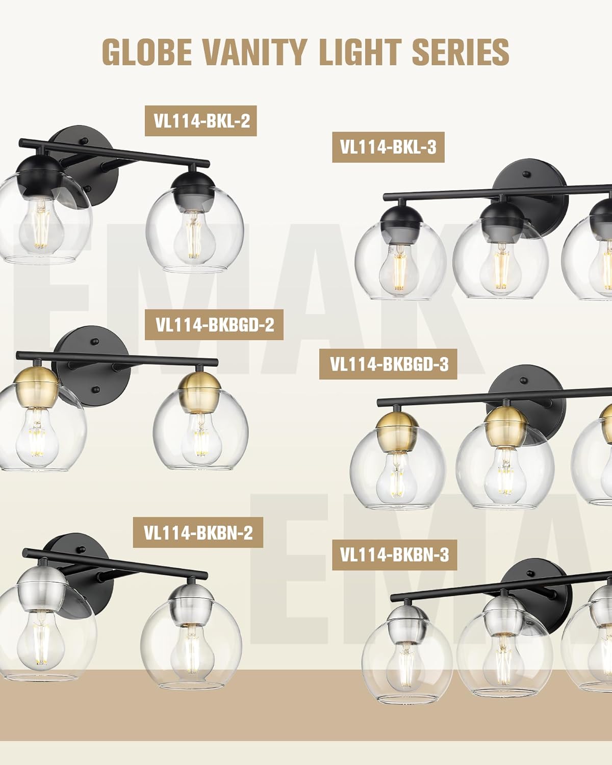 Black Vanity Lights for Mirror, Modern Farmhouse 2-Light Bathroom Light Fixtures Globe Bathroom Vanity Light with Milk Glass Shade, VL114-BK-ML-2