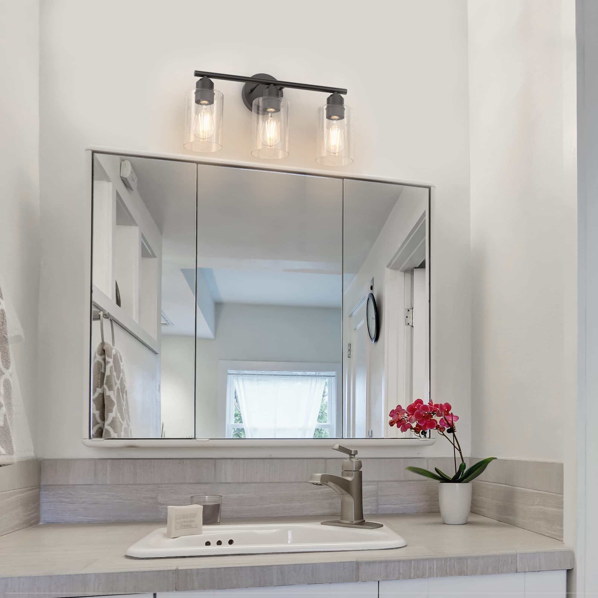 Bathroom Vanity Light Fixtures Matte Black Bathroom Lighting Fixture, 3 Lights Bathroom Light Fixture Over Mirror, Modern Black Vanity Light, UL Certified Wall Sconces with Glass Shades