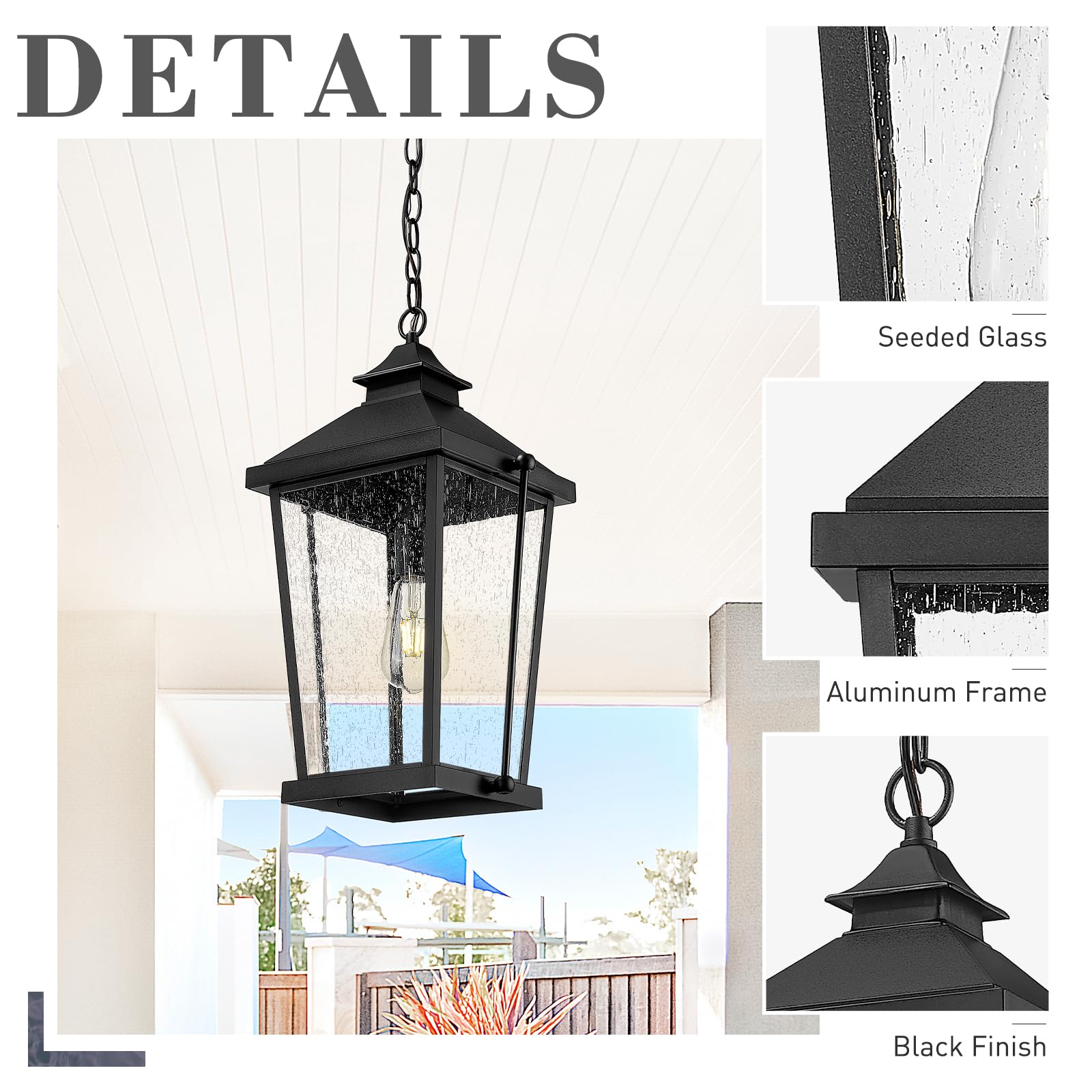 20 Inch Outdoor Pendant Lights for Porch, Modern Outdoor Hanging Porch Light, Die-Cast Aluminum with Seeded Glass, Black Finish, ZW105H-M BK