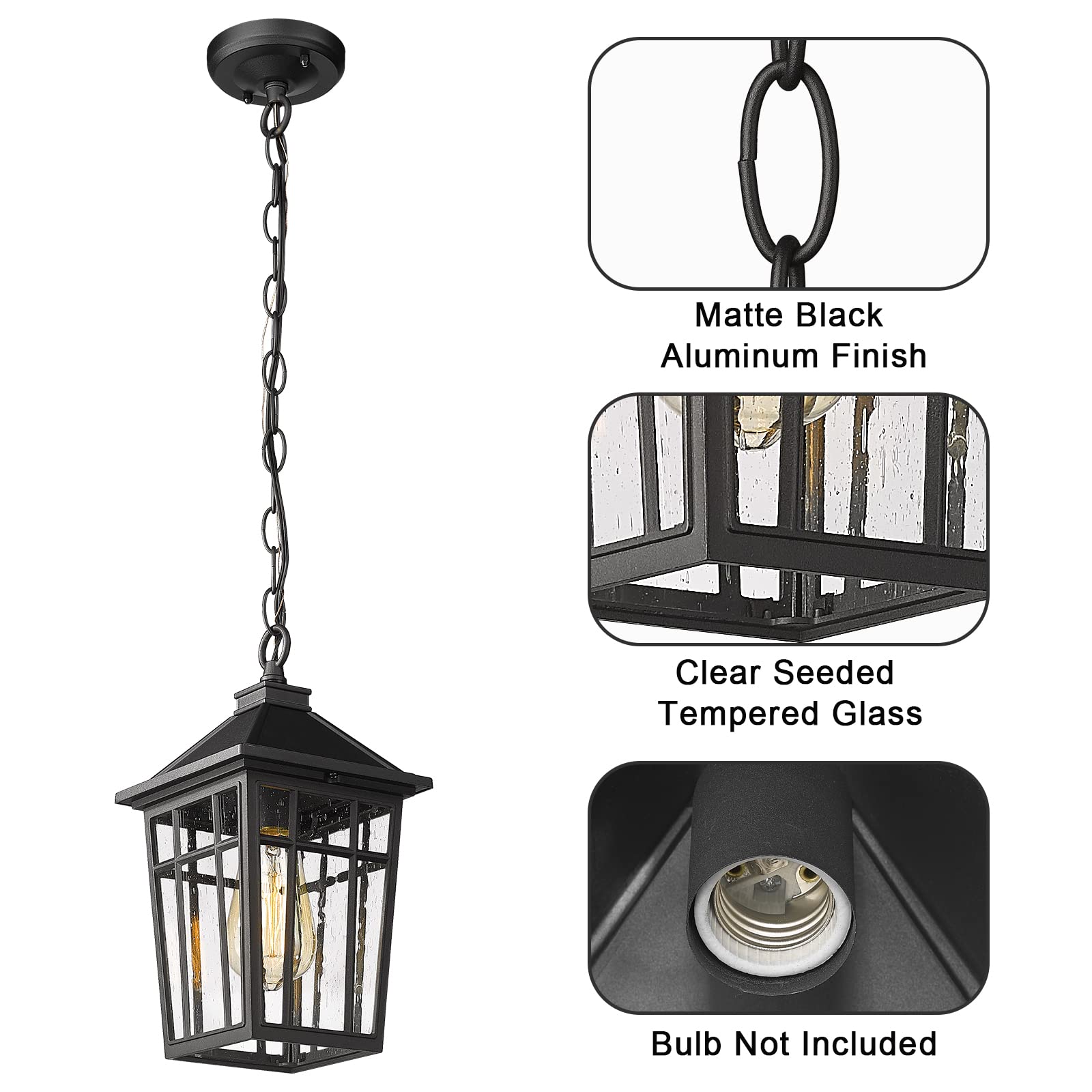 Outdoor Pendant Light Fixture, Outdoor Hanging Light Porch Lights Fixtures Anti-Rust Waterproof Aluminum with Seeded Glass for Porch Entryway Doorway Farmhouse White