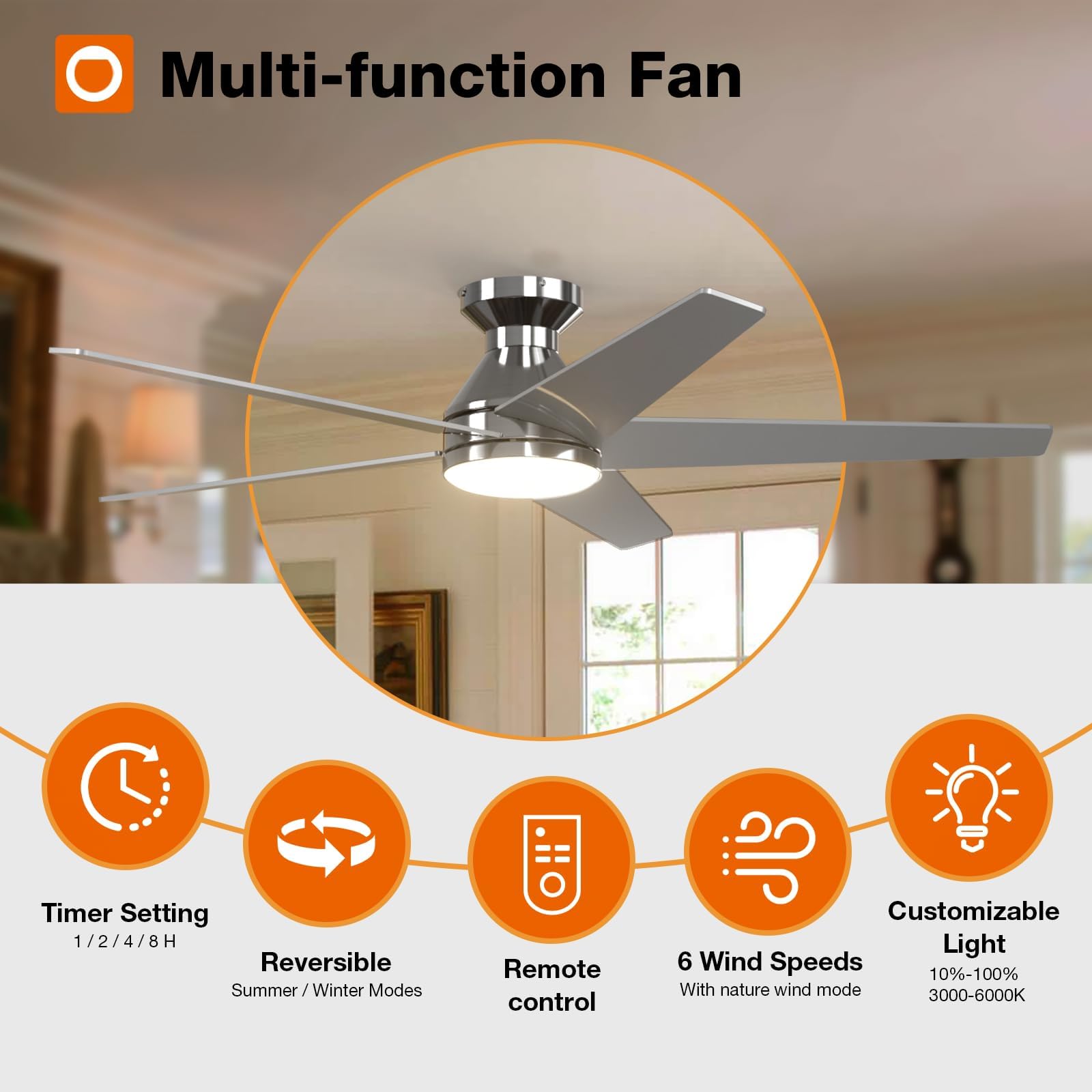 Ceiling Fans with Lights, 42 Inch Low Profile Ceiling Fan with Light and Remote Control, Flush Mount, Reversible, 3CCT, Dimmable, Quiet, Black Small Ceiling Fan for Bedroom Indoor/Outdoor Use