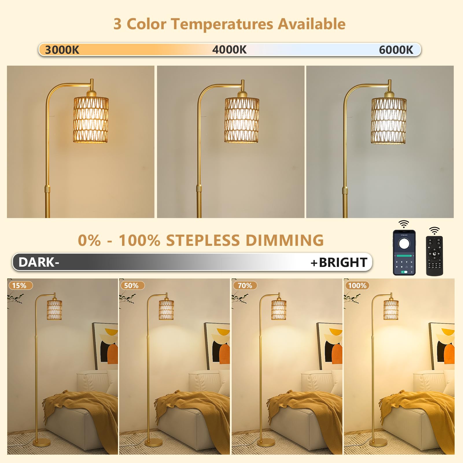 Modern Gold Floor Lamps for Living Room, Boho Rattan Floor Lamp with Remote & Dimmable LED Bulb, Farmhouse Standing Lamp with Rattan Shades, Minimalist Tall Pole Lamp for Bedroom Office