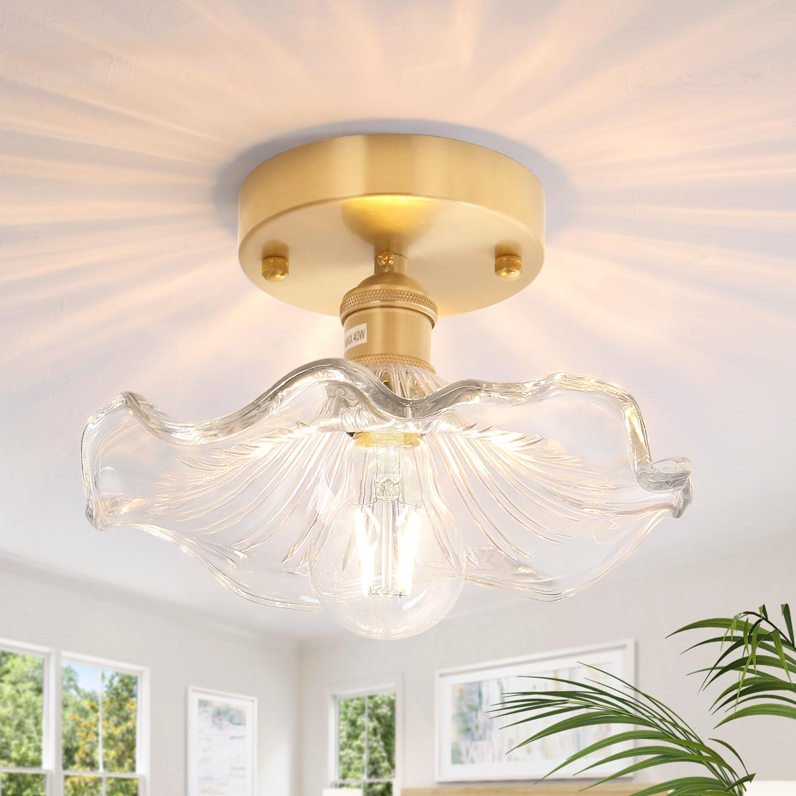 Semi Flush Mount Ceiling Light, Gold Hallway Vintage Lights Fixture Ceiling with Amber Peony Glass, Bulb Included, 4.72" Base Modern Ceiling Light Fixtures for Kitchen Bedroom