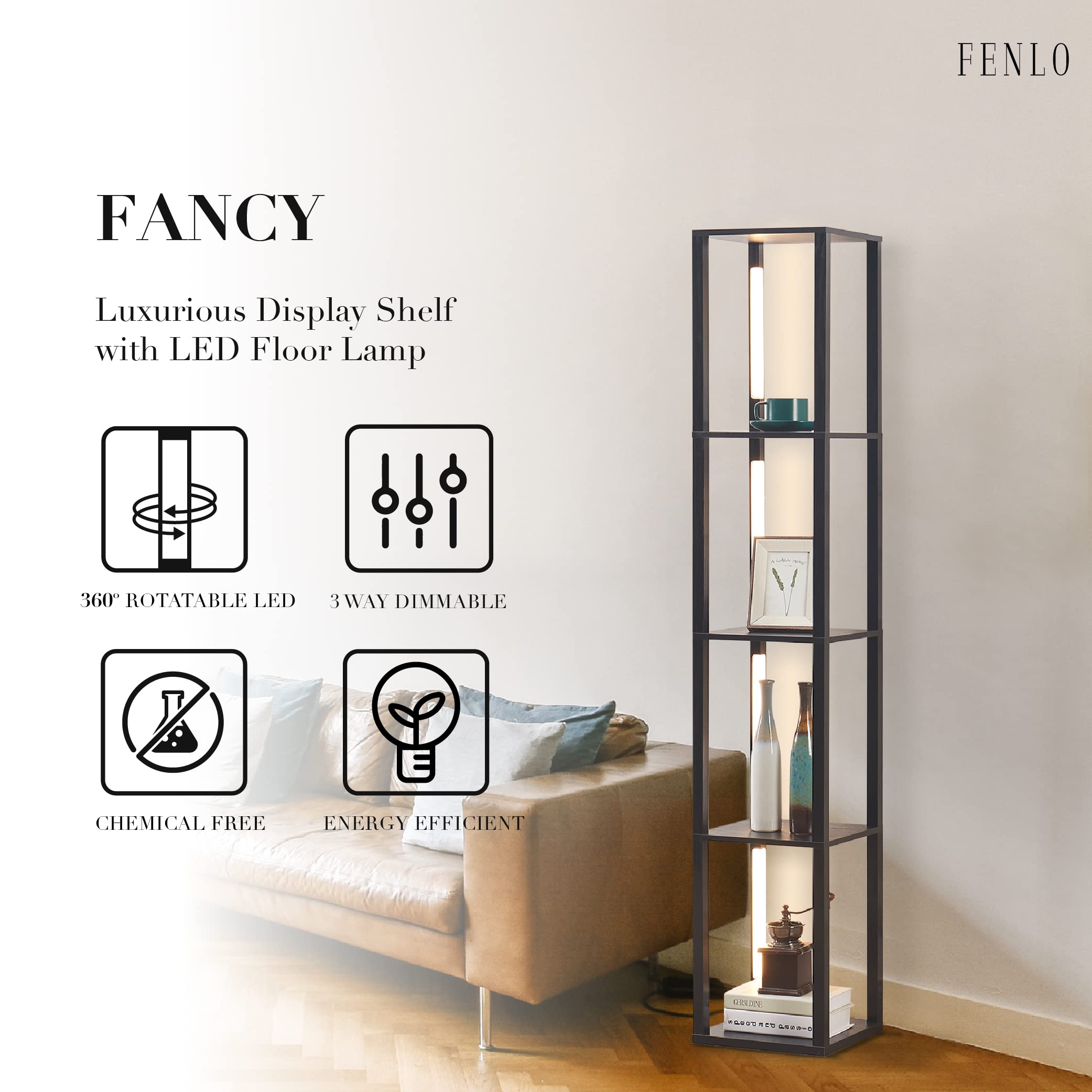 LED Display Shelf with Dimmable Lights, LED Shelf Floor Lamp for Living Room, Sturdy Corner Shelf Curio Cabinet Display, Tall Floor Lamp with Shelves