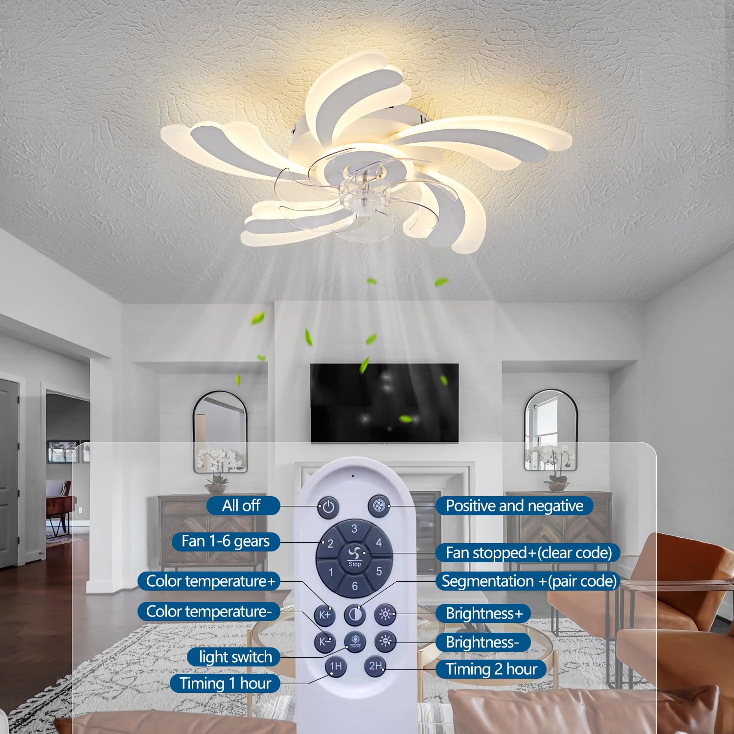 Ceiling Fan with Lights Remote Control, 24" Black, 6 Speeds 3 Light Color Low Profile Flush Mount Ceiling Fan for Kitchen Bedroom