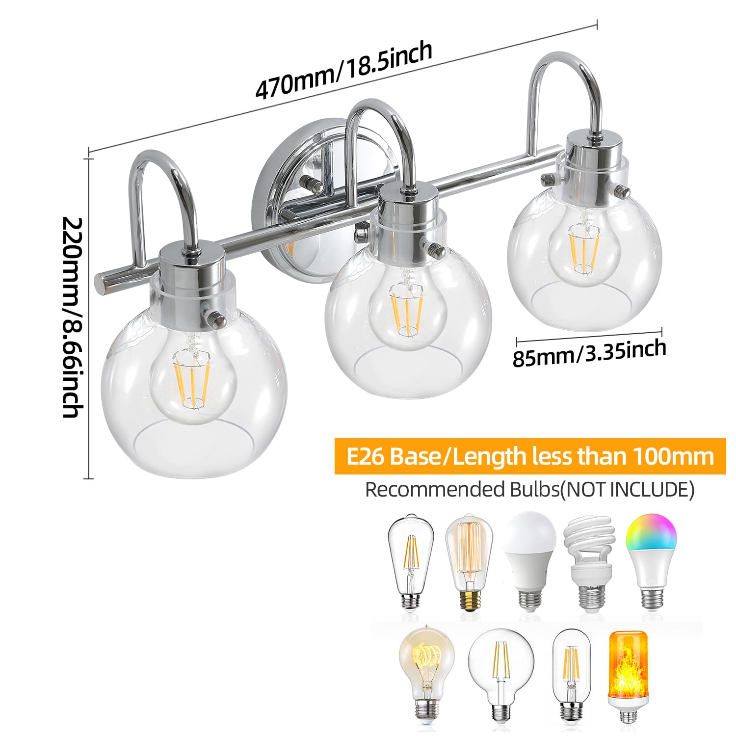 3 Lights Vanity Light, Brushed Nickel Bathroom Light Fixtures, Farmhouse Wall Sconces with Globe Clear Glass Shade, Porch Wall Mount Lamp for Mirror, Kitchen, Porch, Living Room, Workshop (E26 Base)