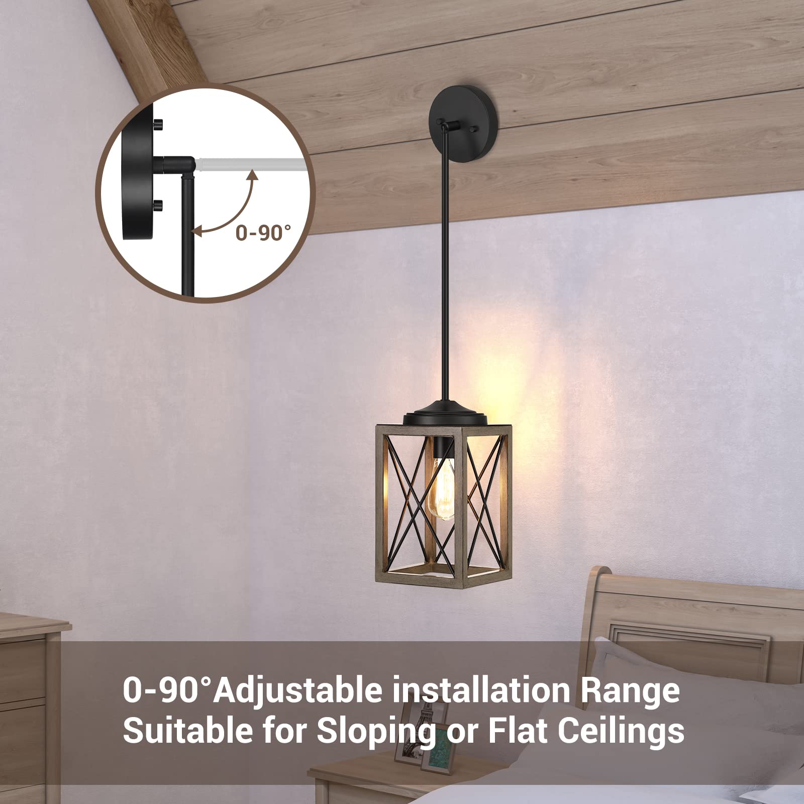 Pendant Light, Adjustable Hanging Light Fixtures for Flat and Slop Ceiling, Vintage Farmhouse Pendant Light with Wooden Grain Finish for Bedroom, Kitchen, Living Room, E26 Base