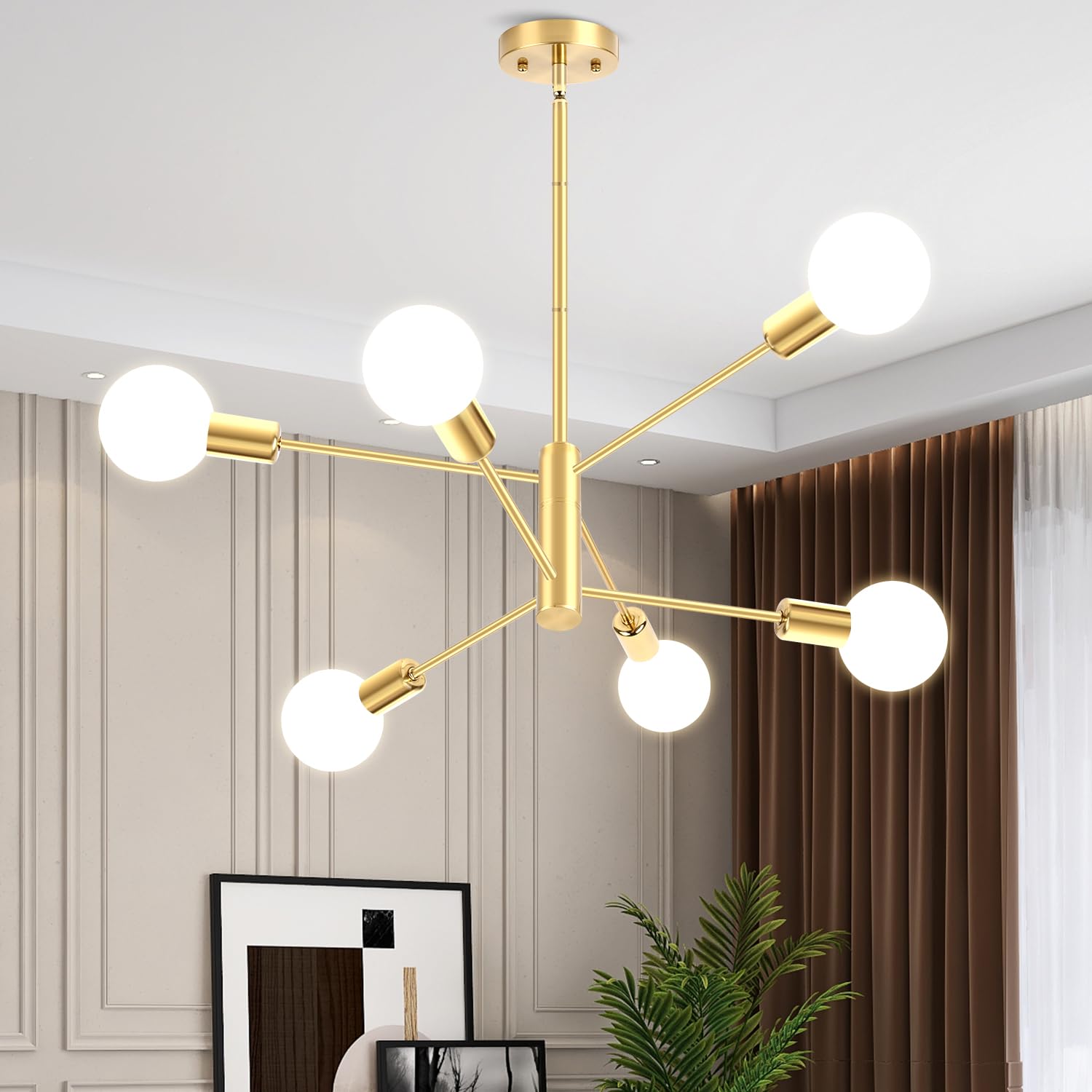 Modern Sputnik Chandelier, Ceiling Light Fixture Flush Mount 6-Lights Gold Chandeliers for Living Room Bedroom Dining Room Kitchen, Mid Century Chandeliers, E26 Base, Bulbs Not Included