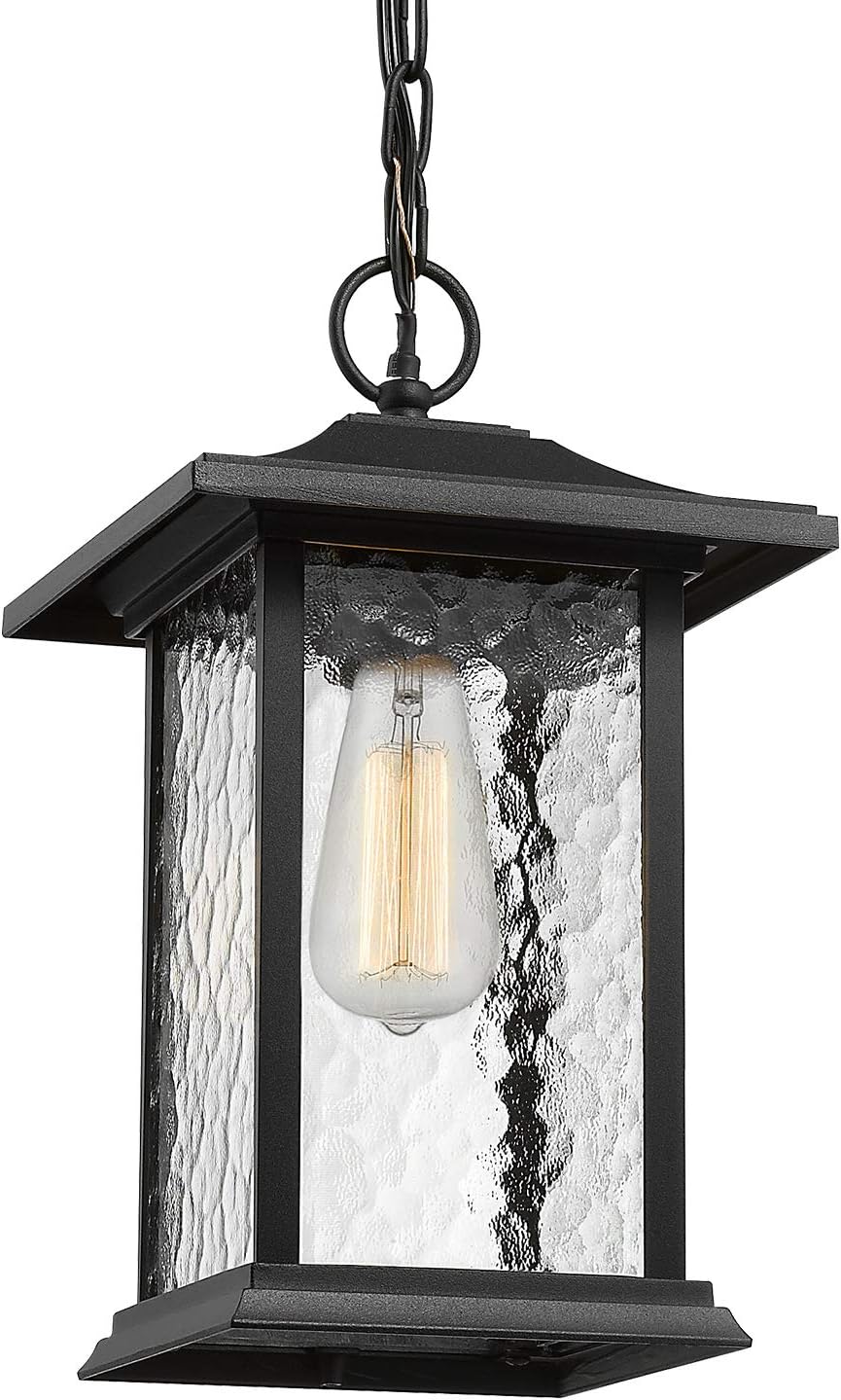 Outdoor Pendant Lights for Porch, 14"H Large Exterior Hanging Lantern Chandelier, Black Cast Aluminum w/Water Glass - A272H-1PK