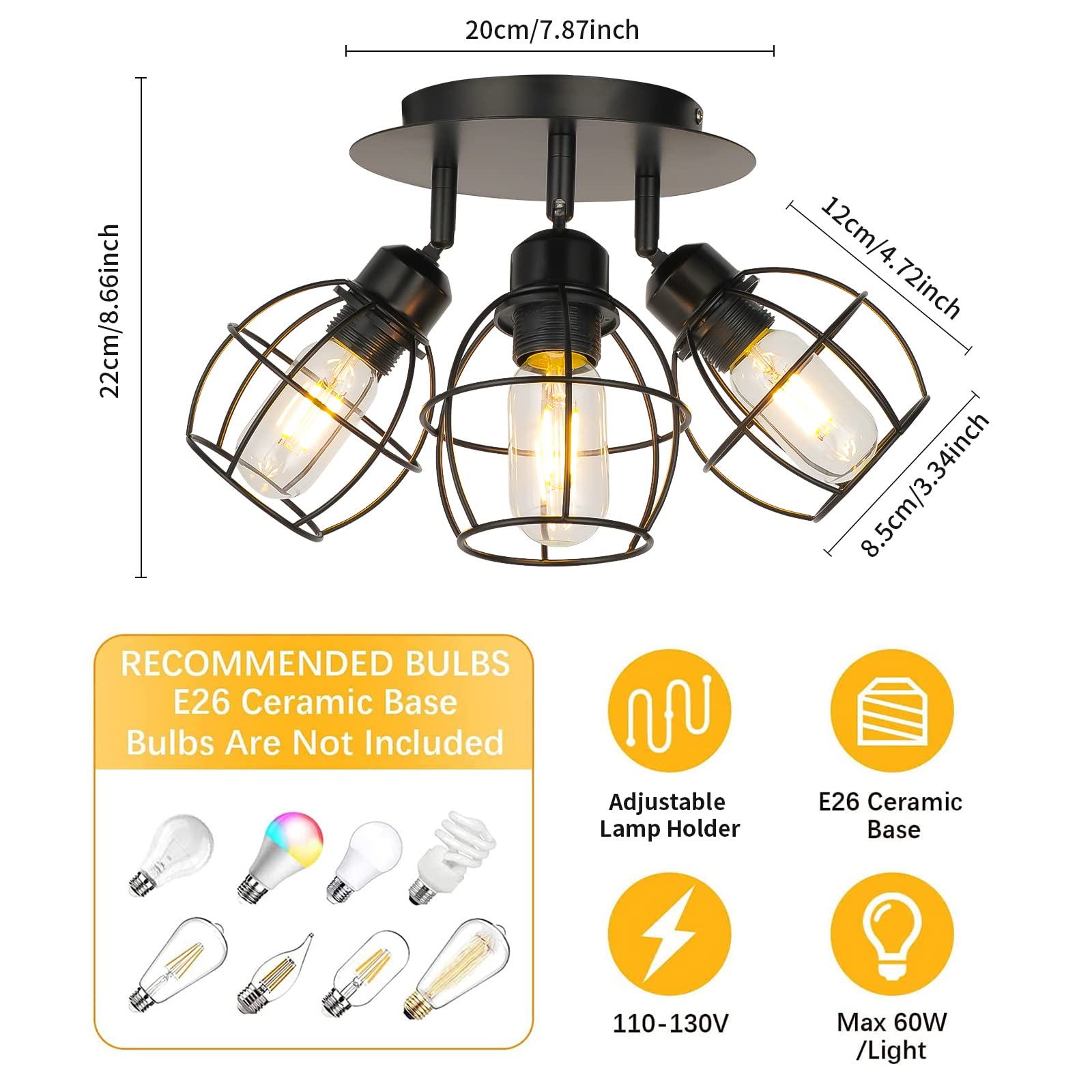 Semi Flush Mount Ceiling Light - Black Light Fixture Hallway Light Fixtures Ceiling Metal Cage Ceiling Light Fixtures Farmhouse Lighting for Porch Kitchen Bedroom Laundry Room Entryway