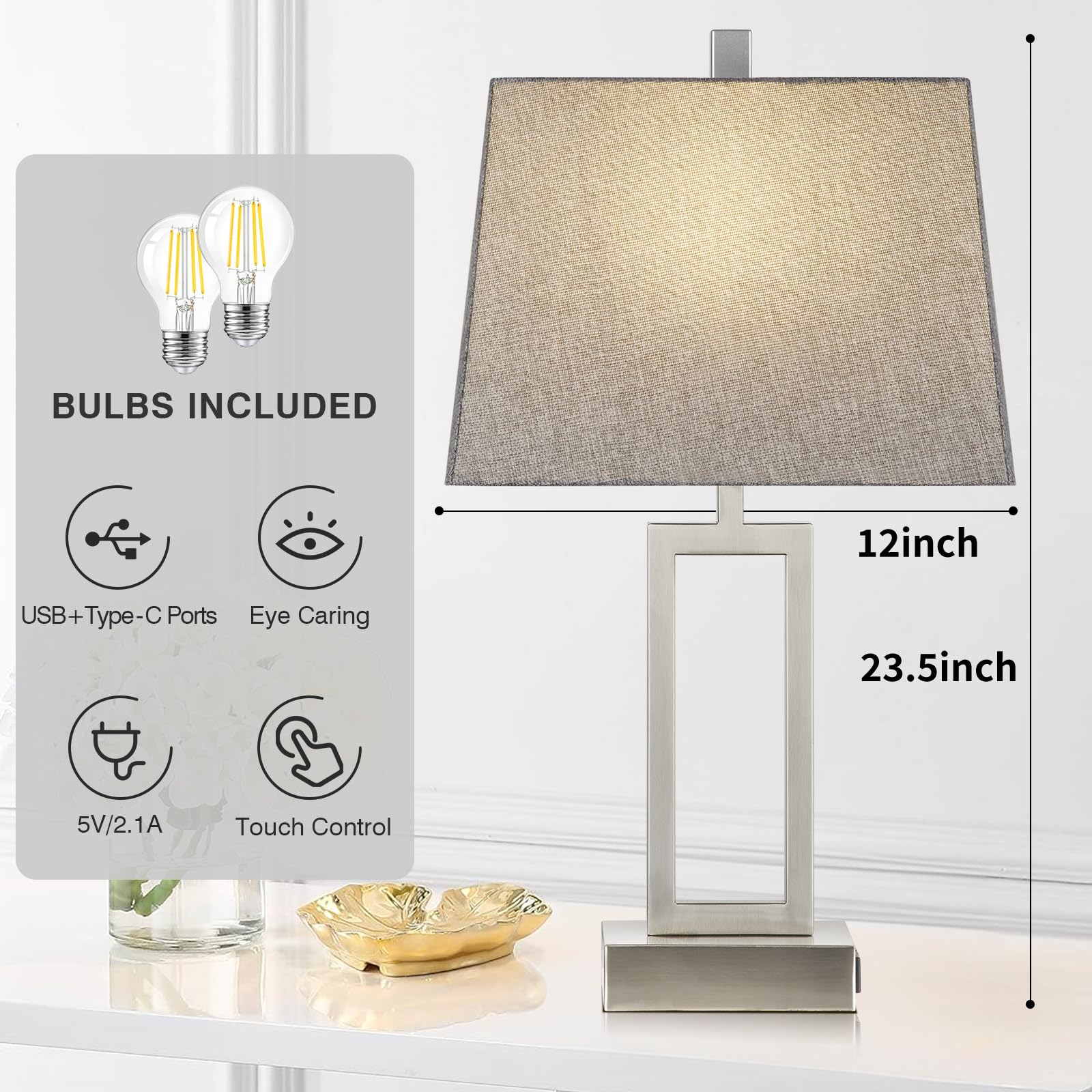 23.5" Touch Control Table Lamps, Metal Bedside Lamp for Bedroom Set of 2 with USB A+C Ports & AC Outlet, 3-Way Dimmable Nightstand Lamp for Living Room (LED Bulb Included)