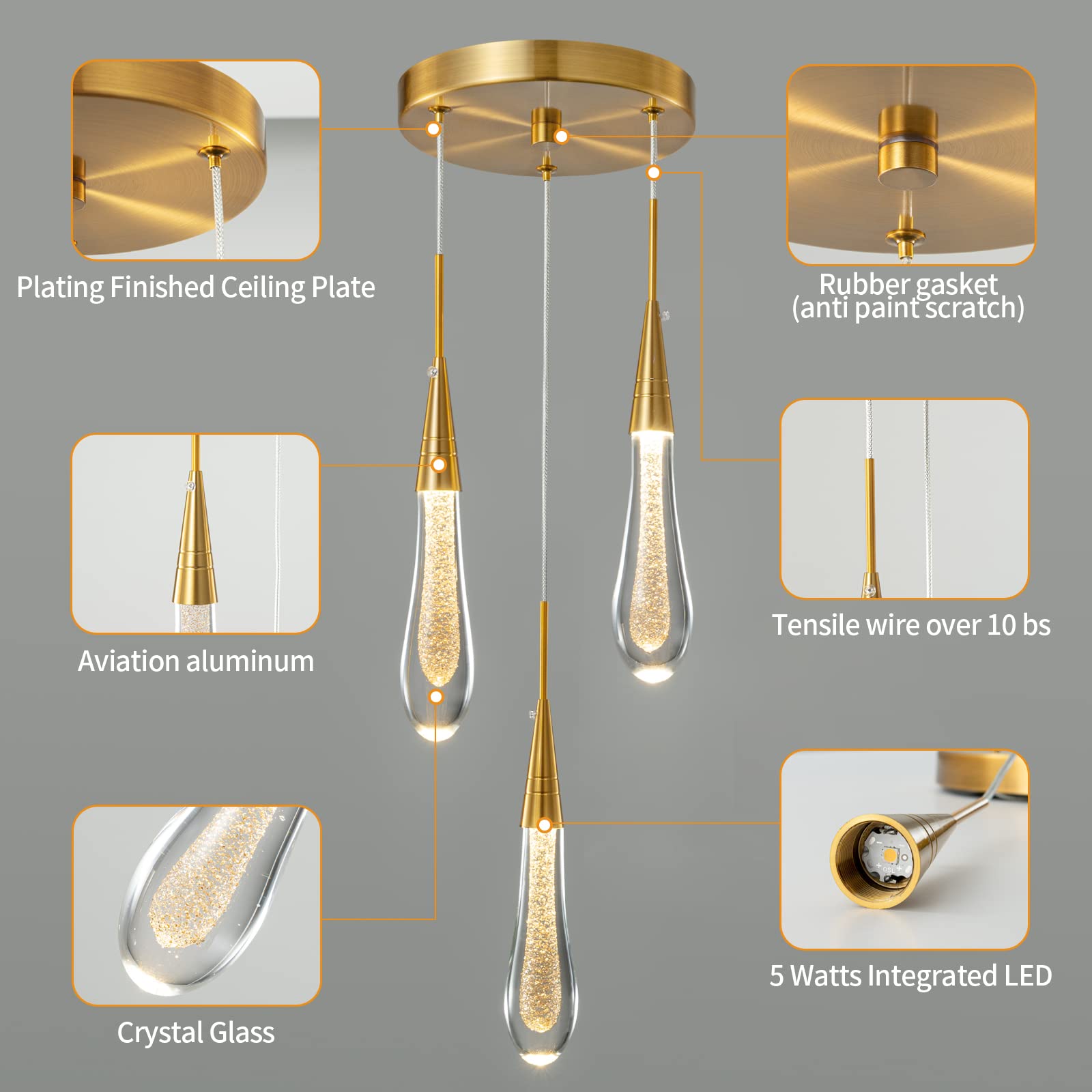 Kitchen Light Fixtures Ceiling Dimmable LED Modern Gold Pendant Light Mini Teardrop Crystal Pendant Light for Kitchen Island Bedroom Hallway Entryway (5-Light)