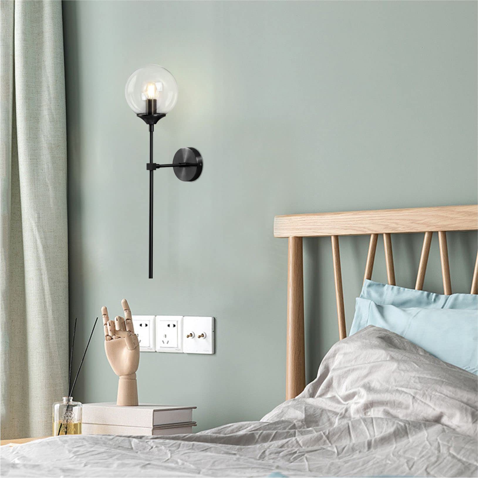 Lighting Modern Smoke Grey Glass Globe Black Matte Slim Wall Sconce Light with Long Arm Vintage Industrial Wall Sconce for Hallway, Stairs, Bathroom Mirror