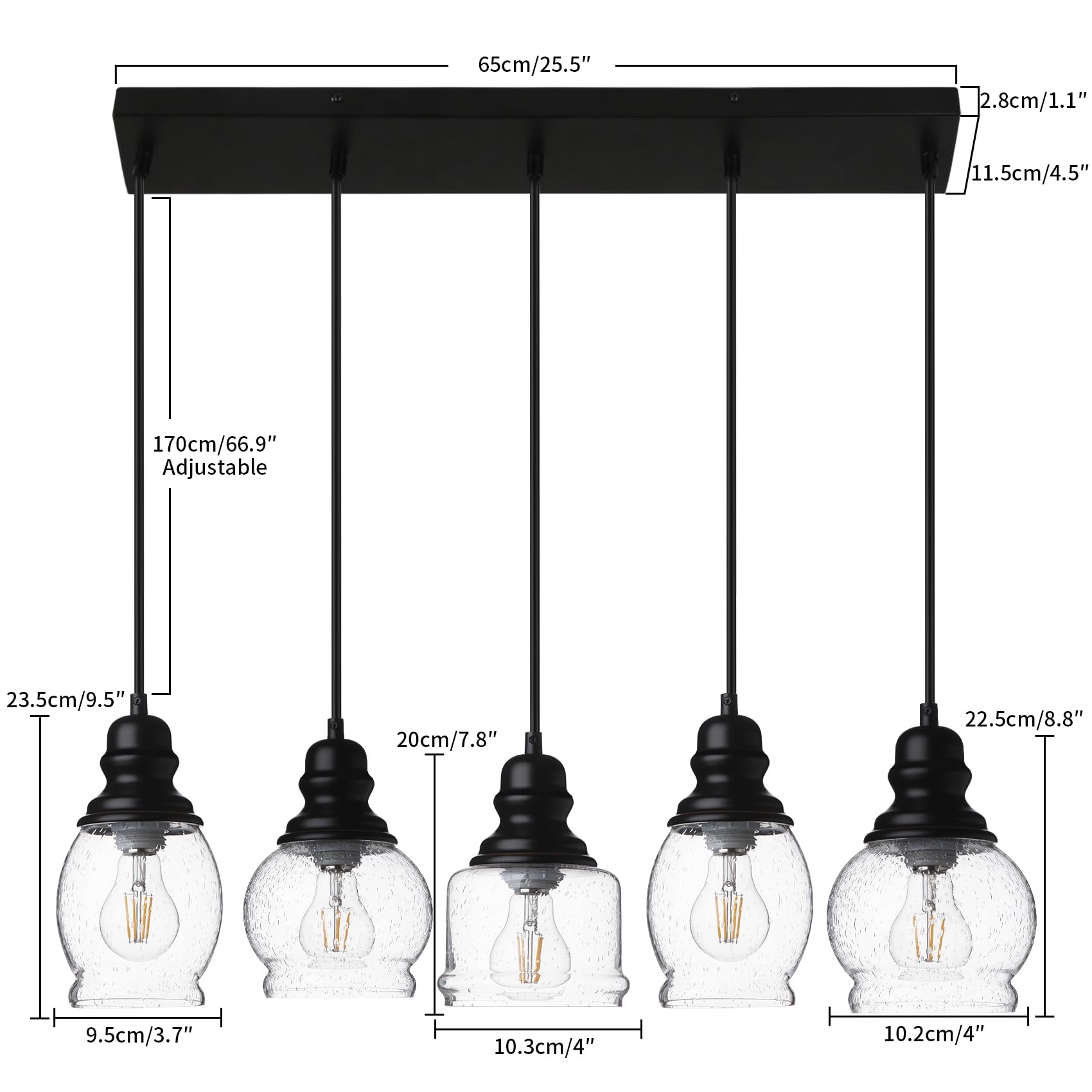 WILON Industrial Pendant Lighting, Pendant Lights for Kitchen Island 3 Light Glass Pendant Light Fixture with Seeded Glass Shade, Adjustable Cord Farmhouse Ceiling Light Black finish Linear Chandelier