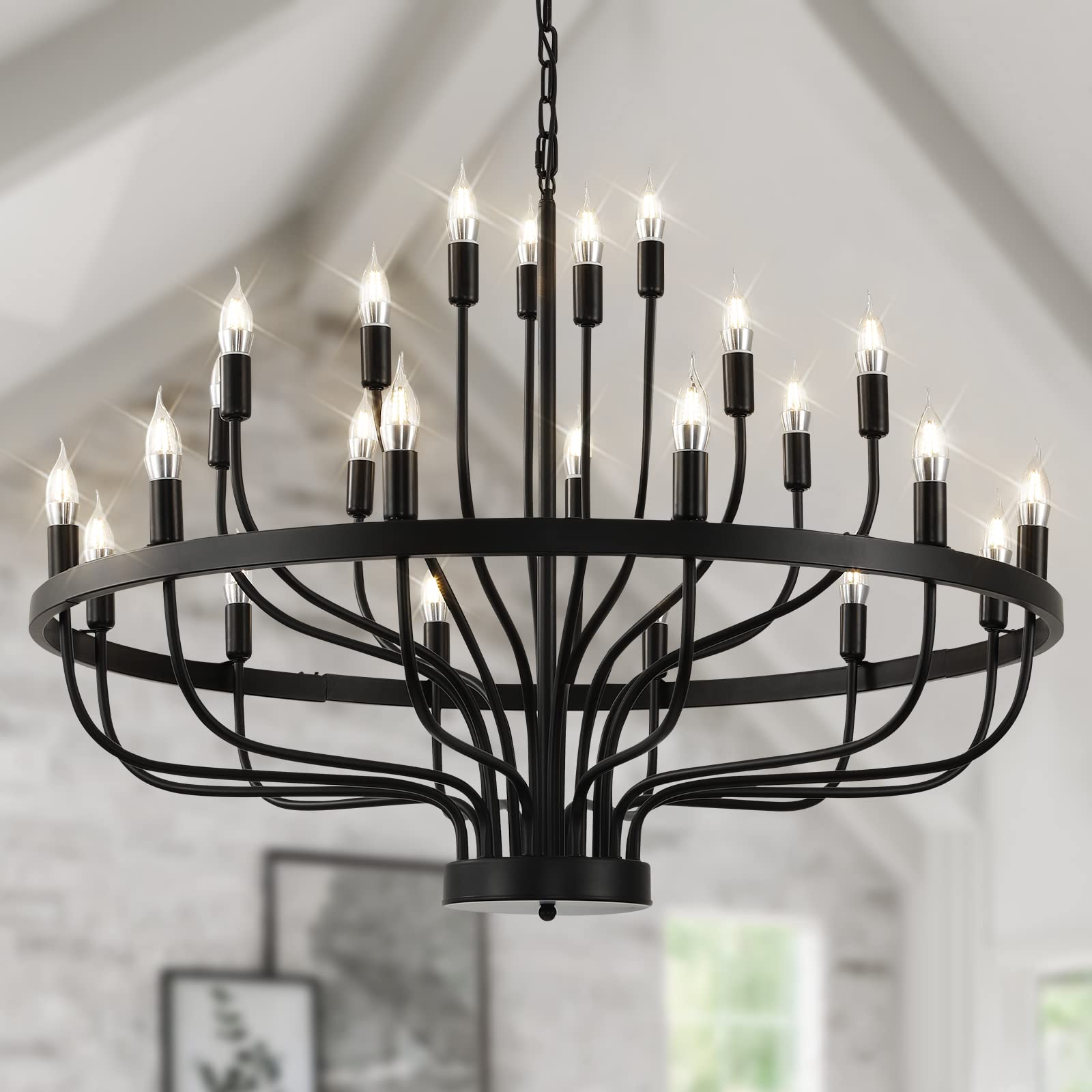 Black Chandelier 24 Light, Modern Farmhouse Chandelier for Dining Room, Round Industrial Candle Chandeliers Light, Wagon Wheel Chandelier 39in 3-Tier for Hallway, Living Room, Foyer, Island Lights