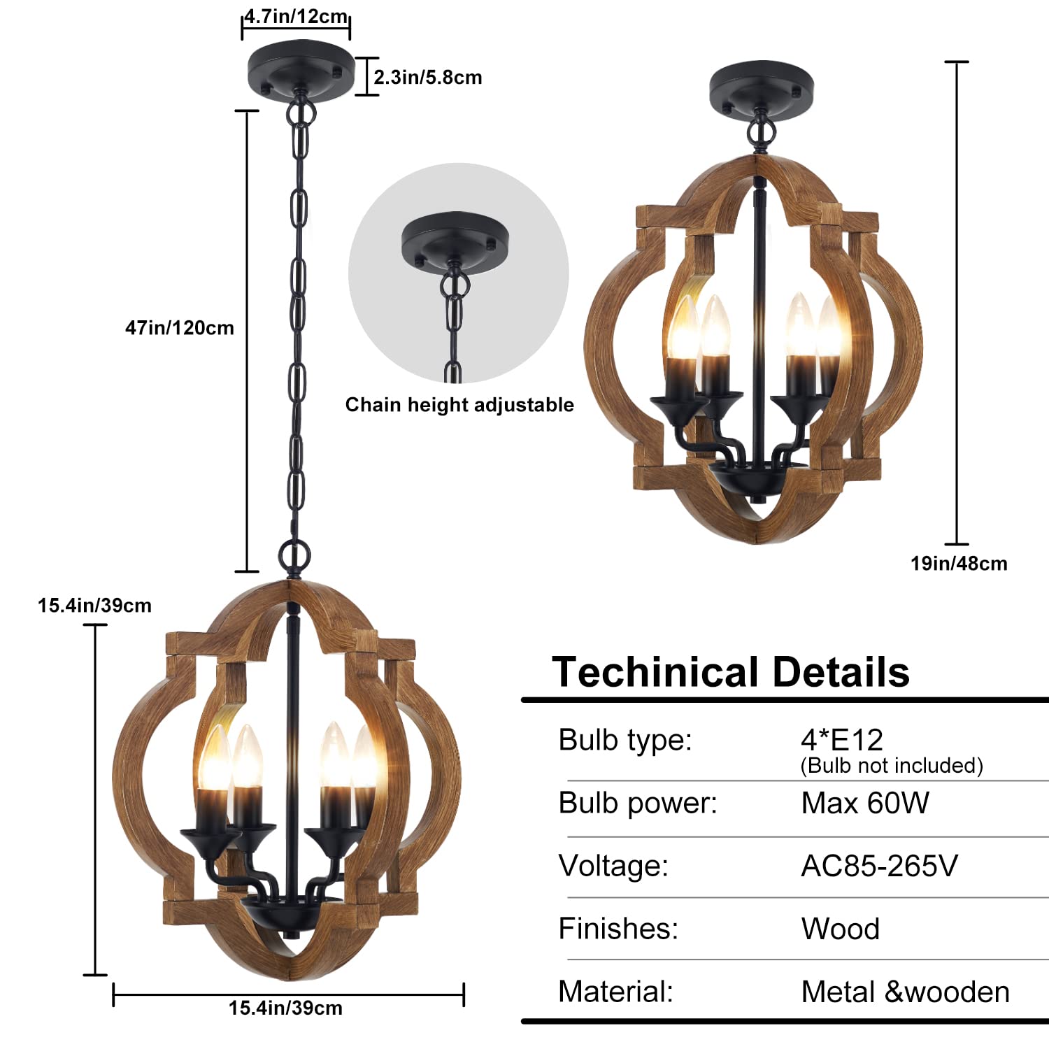 15.4" Rustic Wood Chandelier 4-Light Farmhouse Wooden Ceiling Pendant Light Fixture Vintage Chandeliers Modern for Dining Room Kitchen Island Foyer Hallway Entryway Bedroom