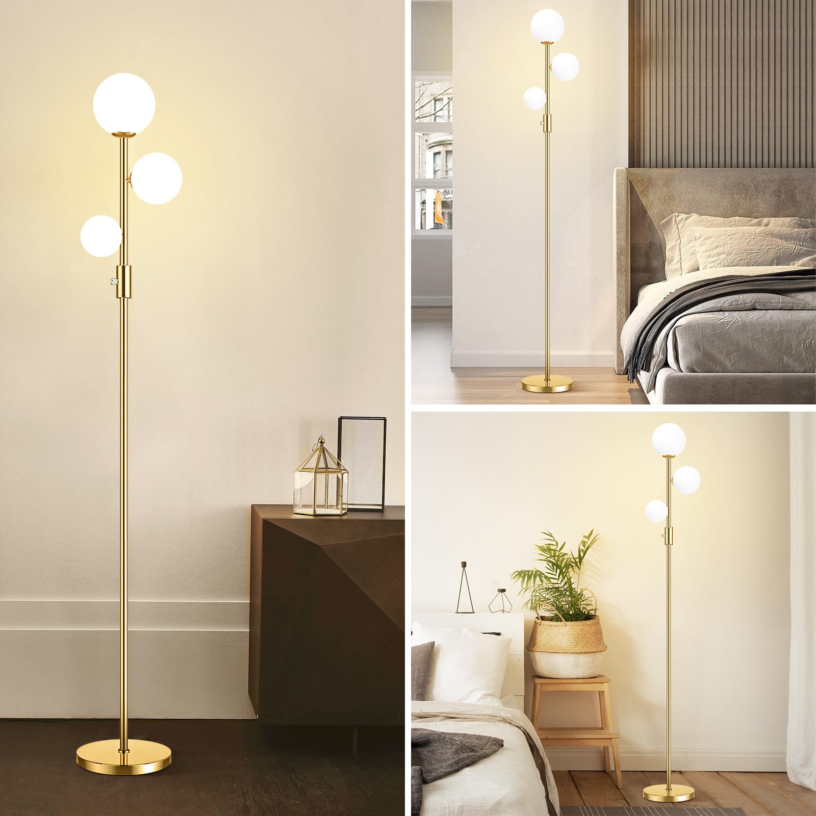 69" 3-Globe Mid Century Floor Lamp for Living Room, Modern Dimmable Tall Standing Lamp with Frosted Glass Shades, Contemporary Gold Pole Lamp for Bedroom Office, 3 LED Bulbs Included