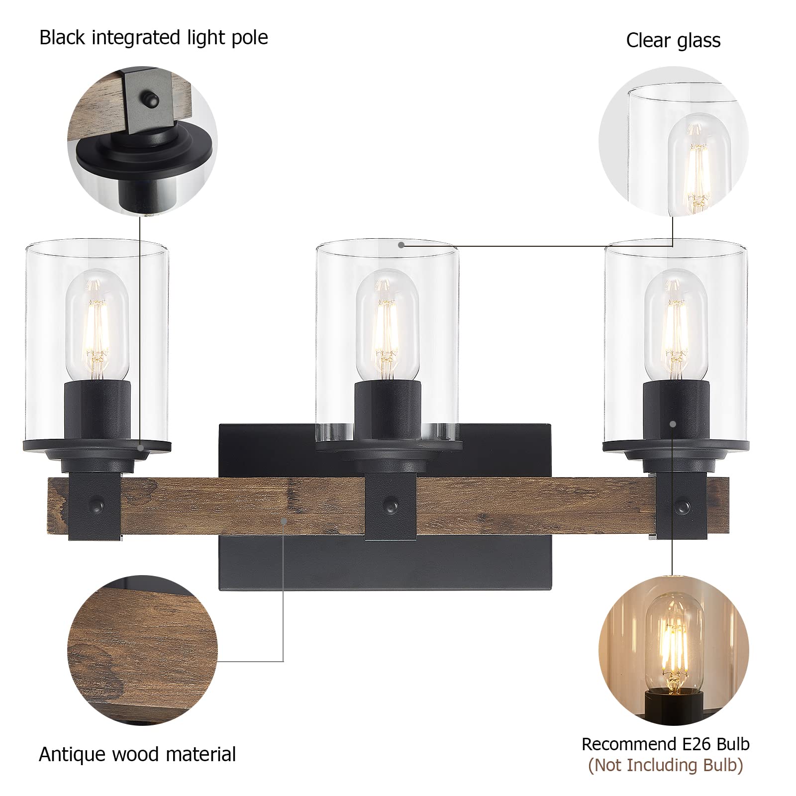 Wood Vanity Lights,3-Light Farmhouse Bathroom Lighting Fixtures with Clear Glass Shade,Industrial Vintage Rustic Wall Lamp for Bedroom,Living Room,Hallway (3-Light, Antique Wood)