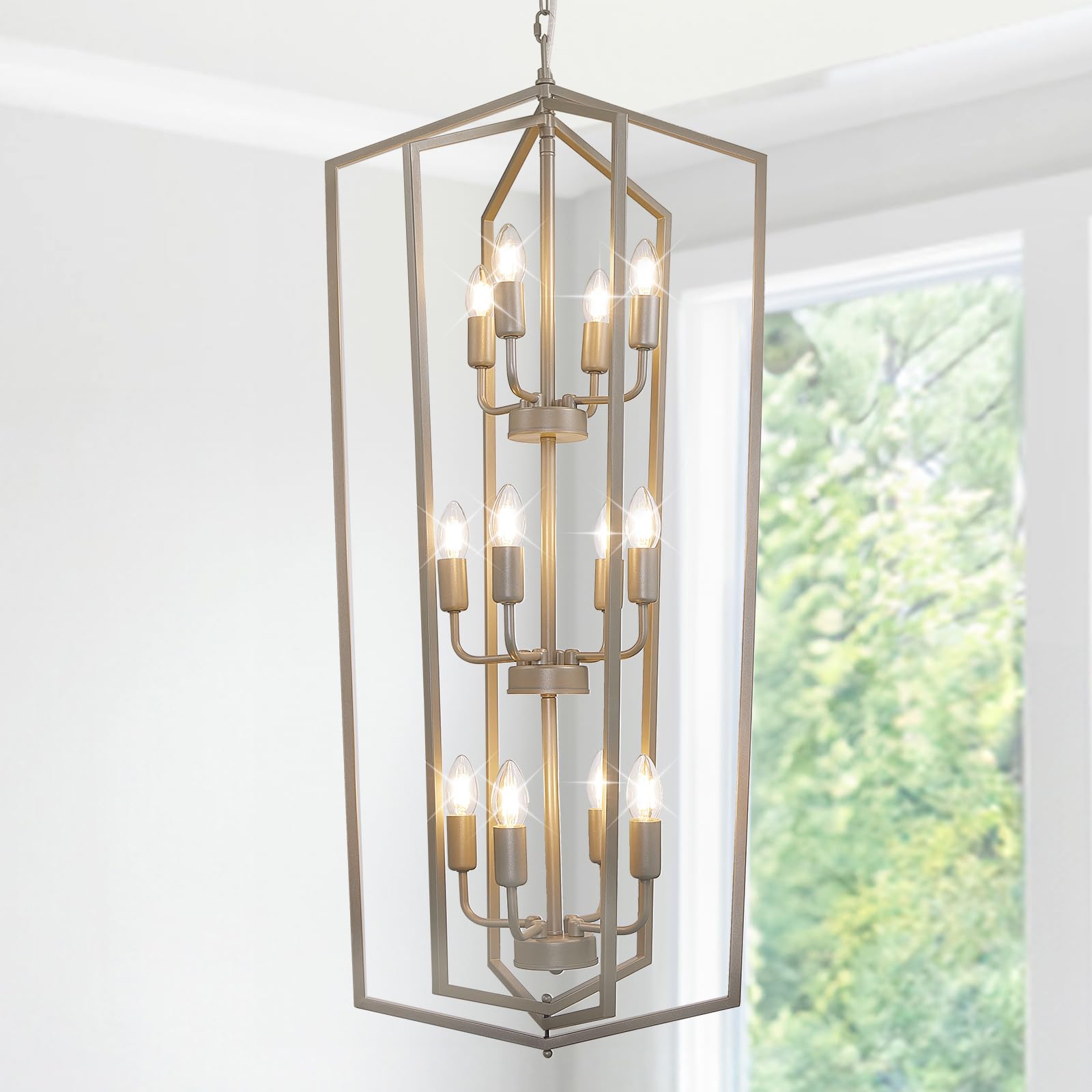 4-Light Lantern Pendant Light, 18.1" Gold Kitchen Pendant Light, Modern Geometric Chandelier, Adjustable Chain Cage Hanging Pendant Light Fixture for Bedroom, Kitchen Island, Foyer, Entrance